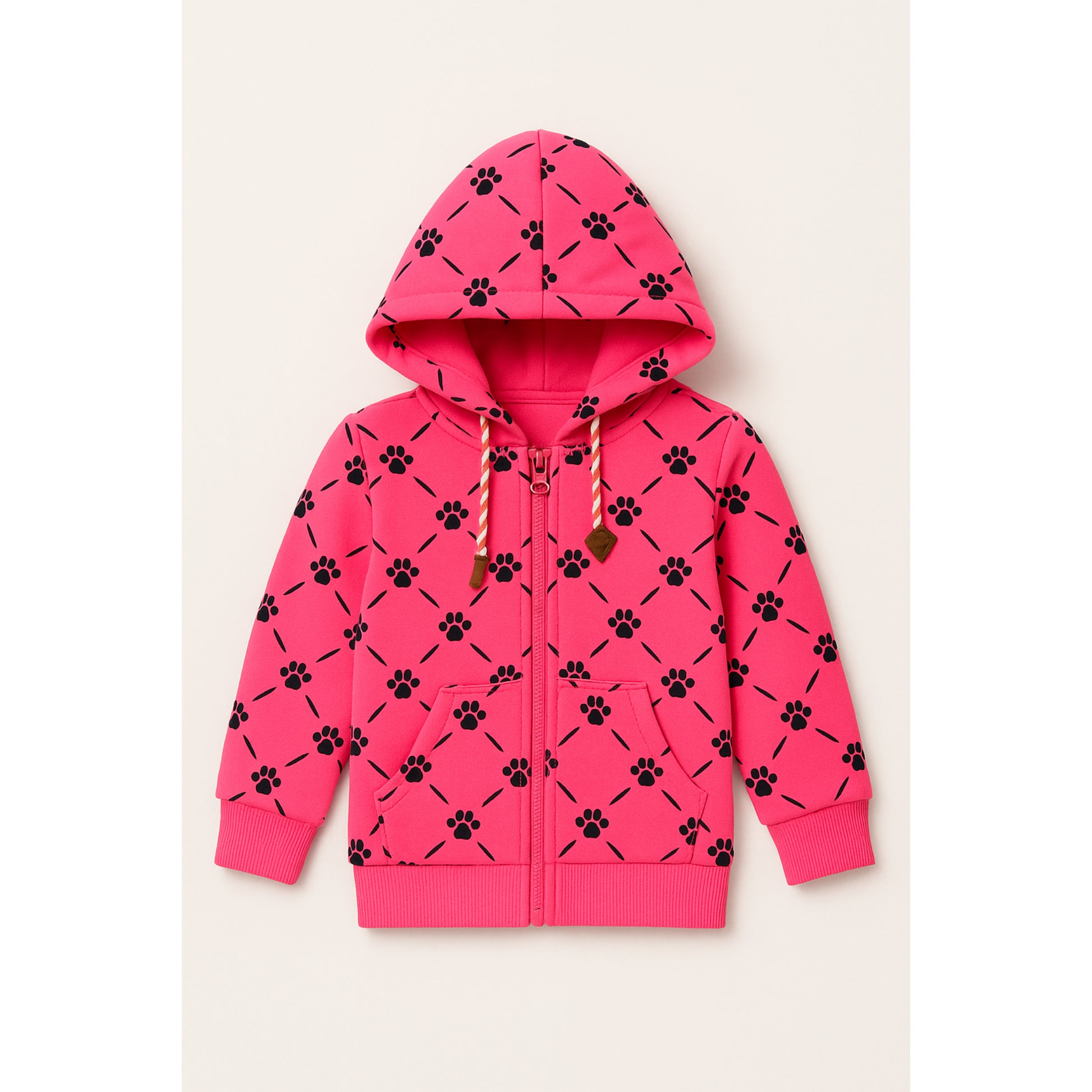 Meisjes hoodie roze met pootafdrukken – comfortabele kinderkleding met rits