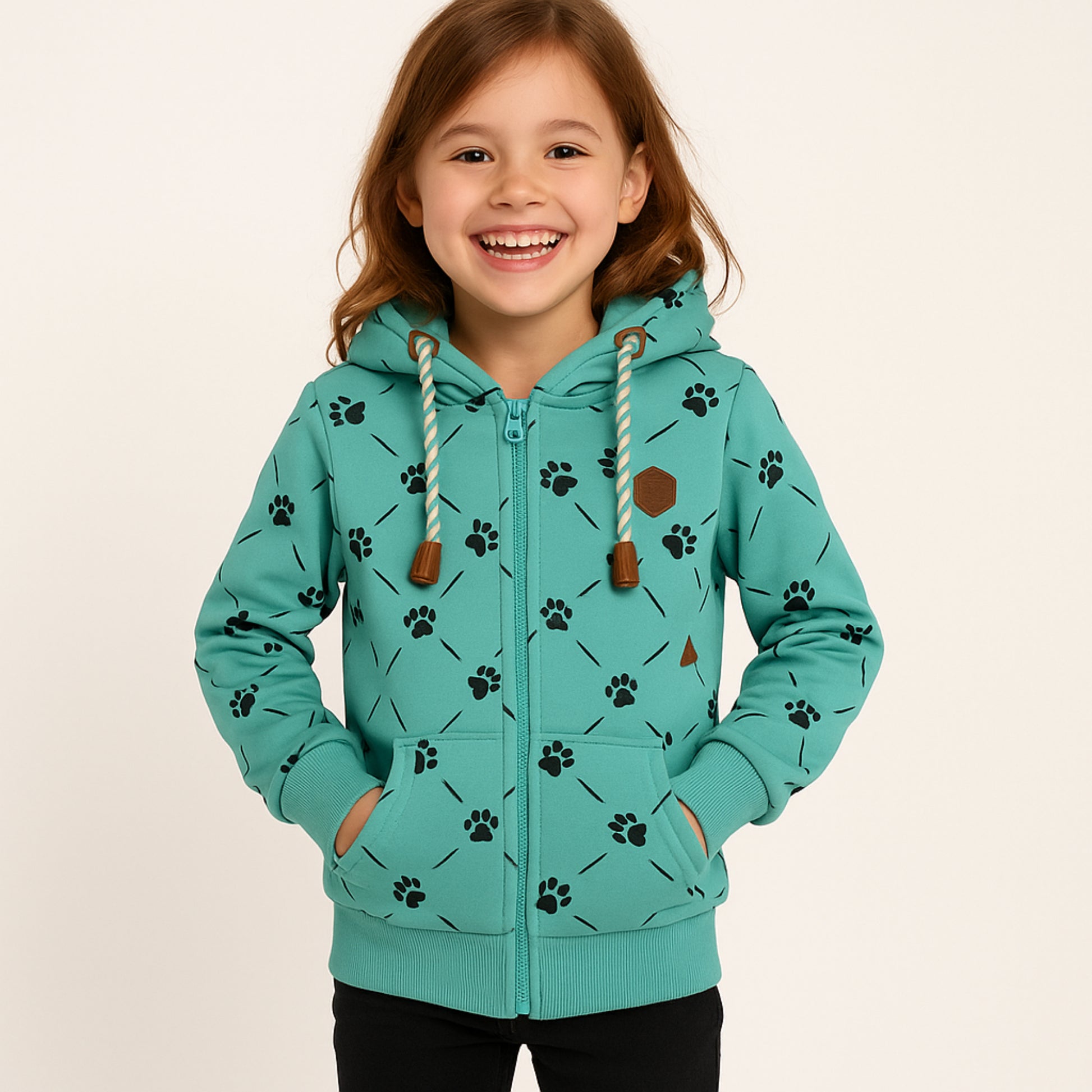 Meisjes hoodie groen met pootafdruk print – comfortabele rits hoodie met capuchon