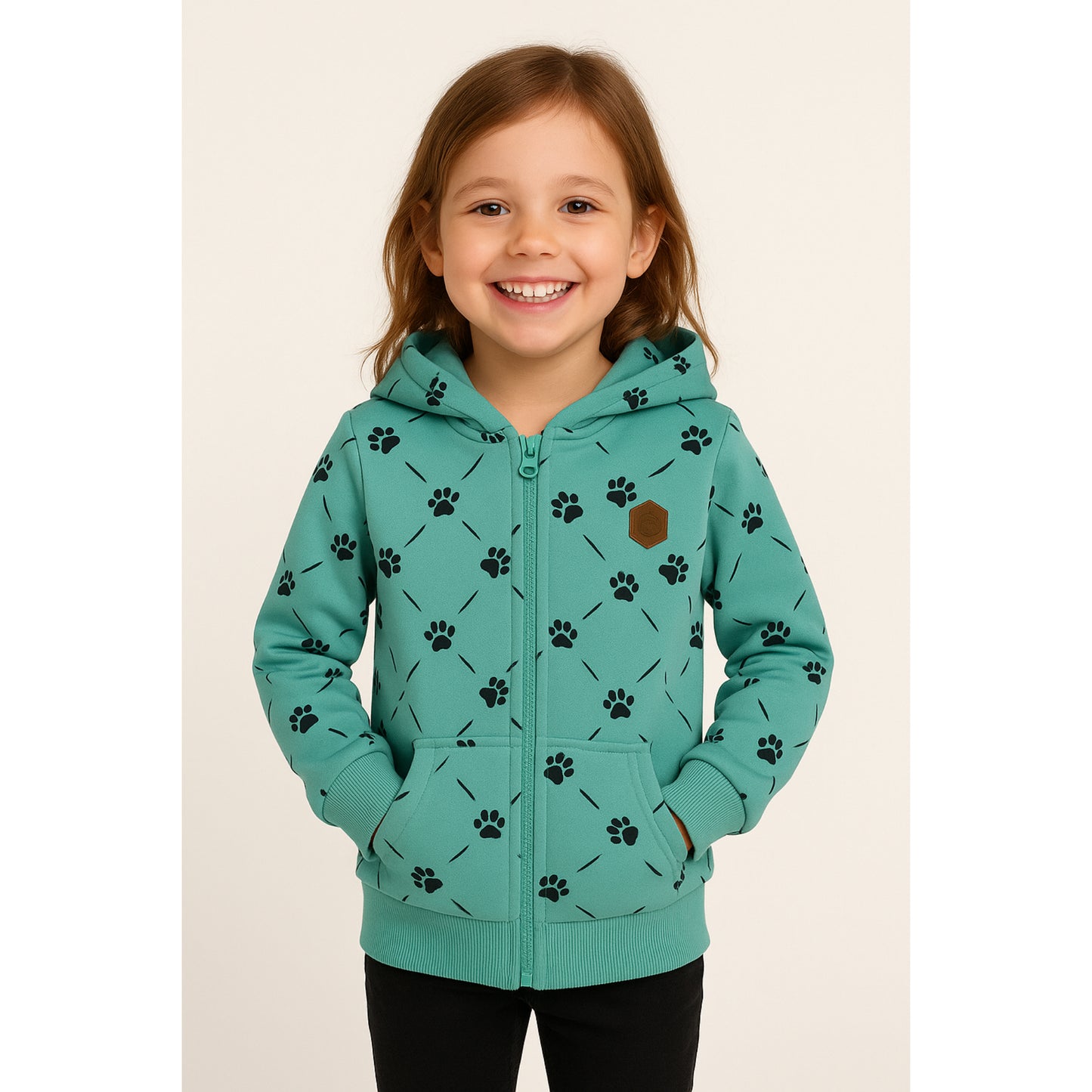 Meisjes hoodie groen met pootafdruk print – comfortabele rits hoodie met capuchon