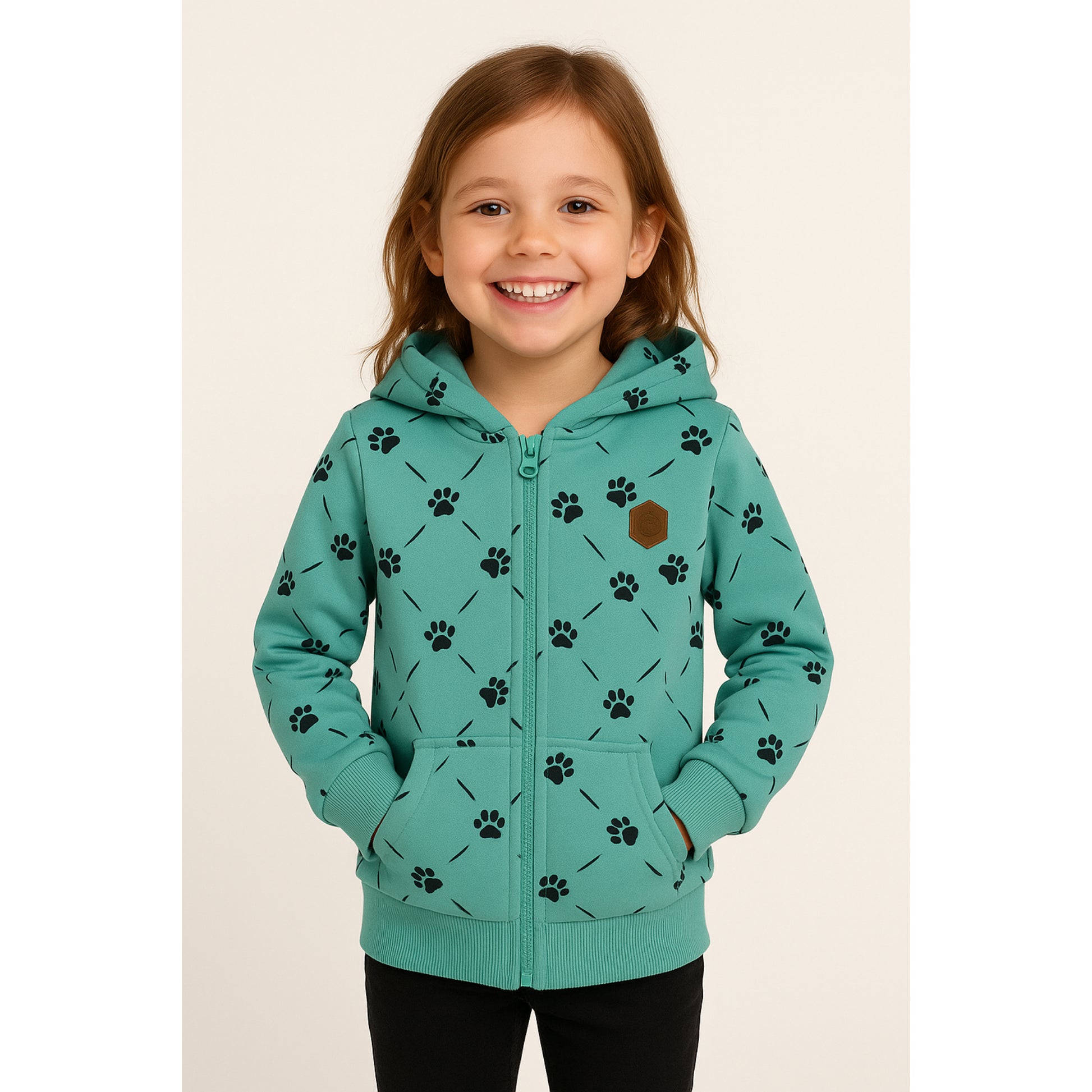 Meisjes hoodie groen met pootafdruk print – comfortabele rits hoodie met capuchon