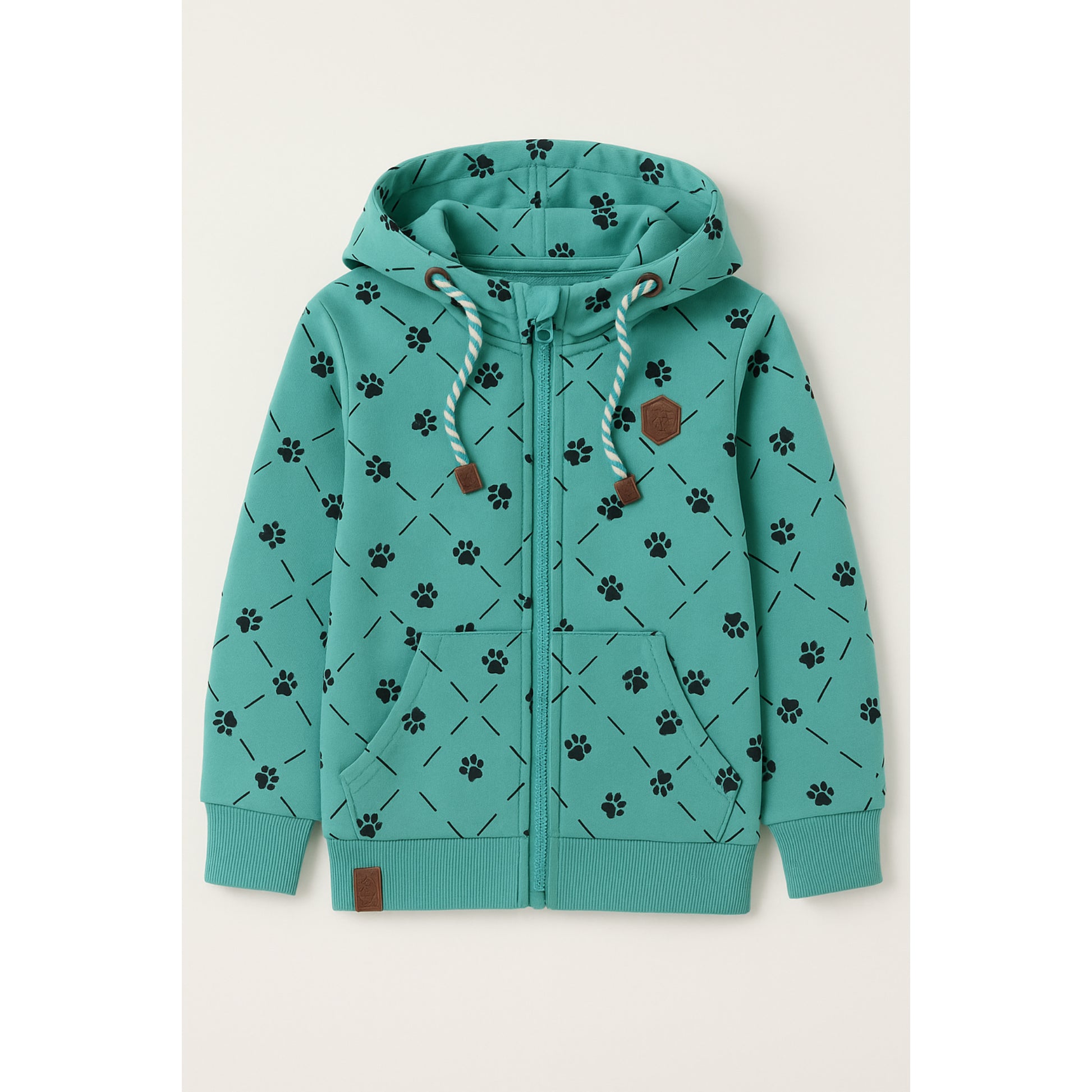 Meisjes hoodie groen met pootafdruk print – comfortabele rits hoodie met capuchon