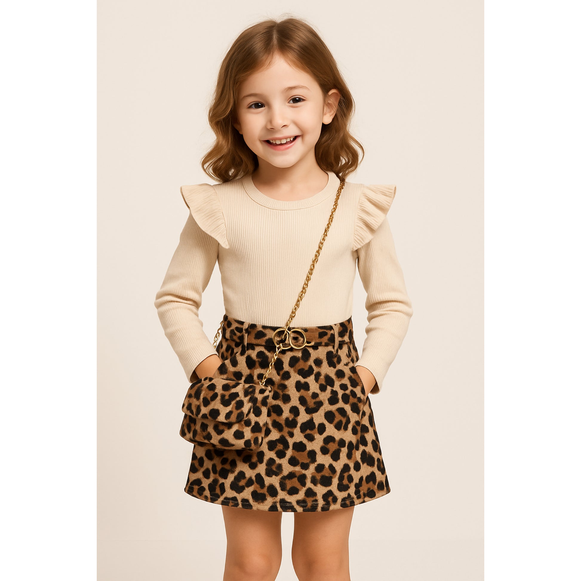 Meisjes set beige top met ruches en luipaard rok – stijlvol en trendy