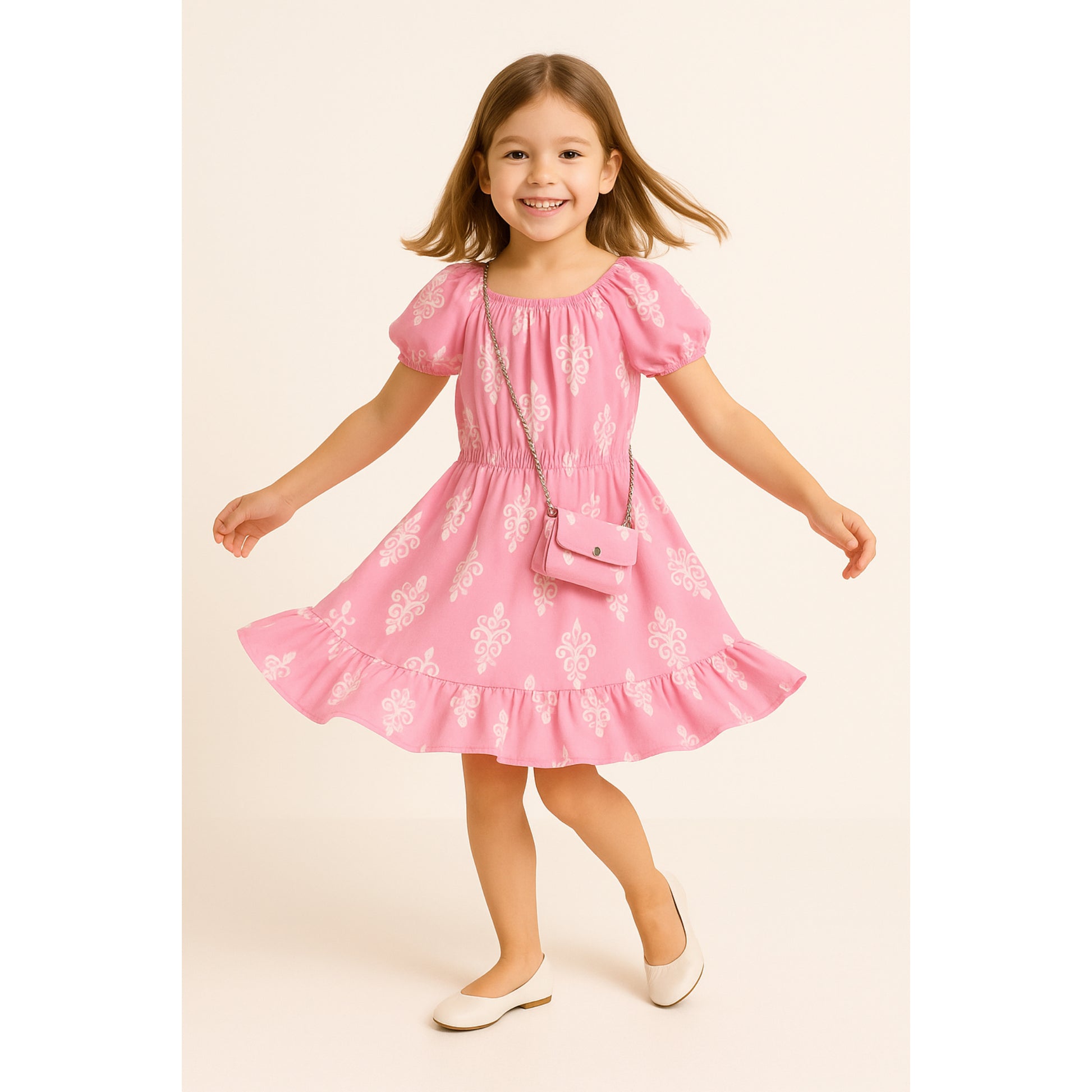 Meisjesjurk roze met witte print – pofmouwen en ruches