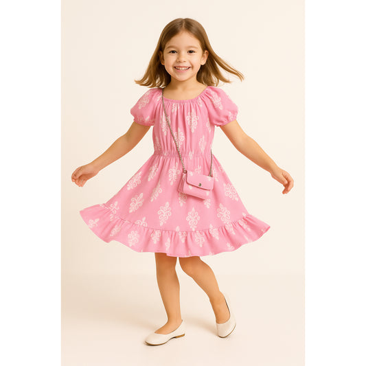 Meisjesjurk roze met witte print – pofmouwen en ruches
