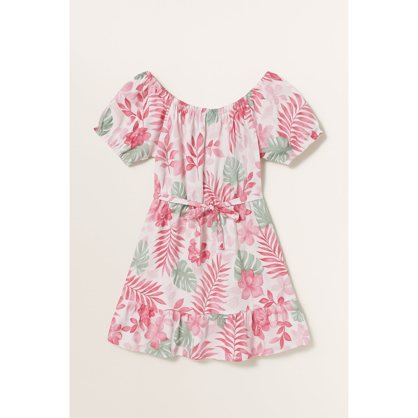 Meisjes zomerjurk met bloemenprint – roze jurk met korte mouw en volant zoom