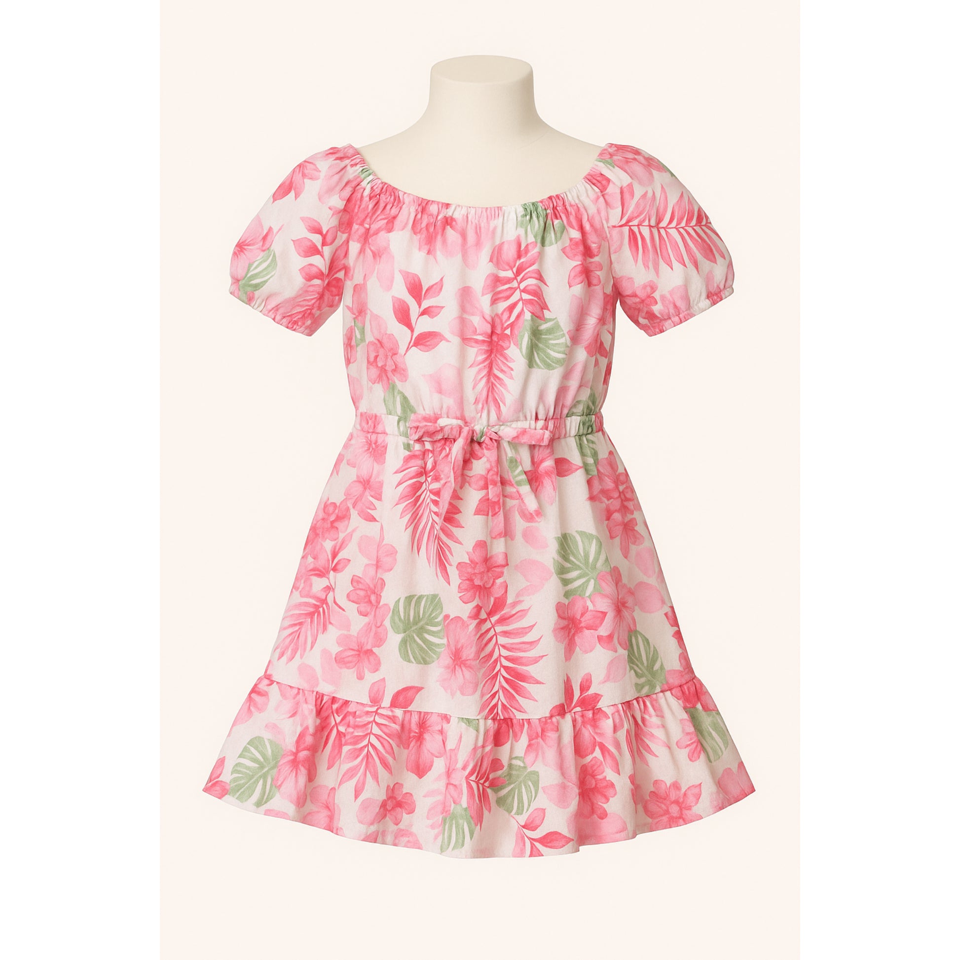 Meisjes zomerjurk met bloemenprint – roze jurk met korte mouw en volant zoom