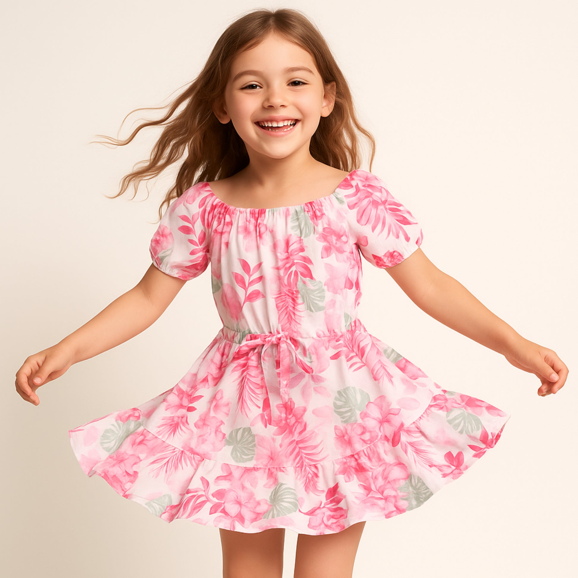 Meisjes zomerjurk met bloemenprint – roze jurk met korte mouw en volant zoom