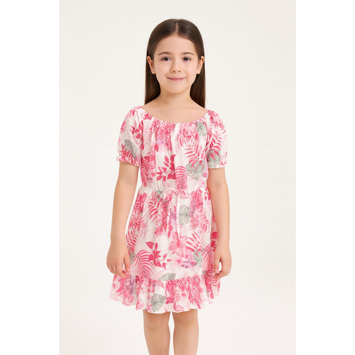 Meisjes zomerjurk met bloemenprint – roze jurk met korte mouw en volant zoom