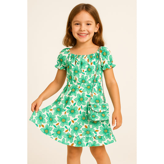 Meisjes zomerjurk met groene bloemenprint – katoenen jurk met tasje