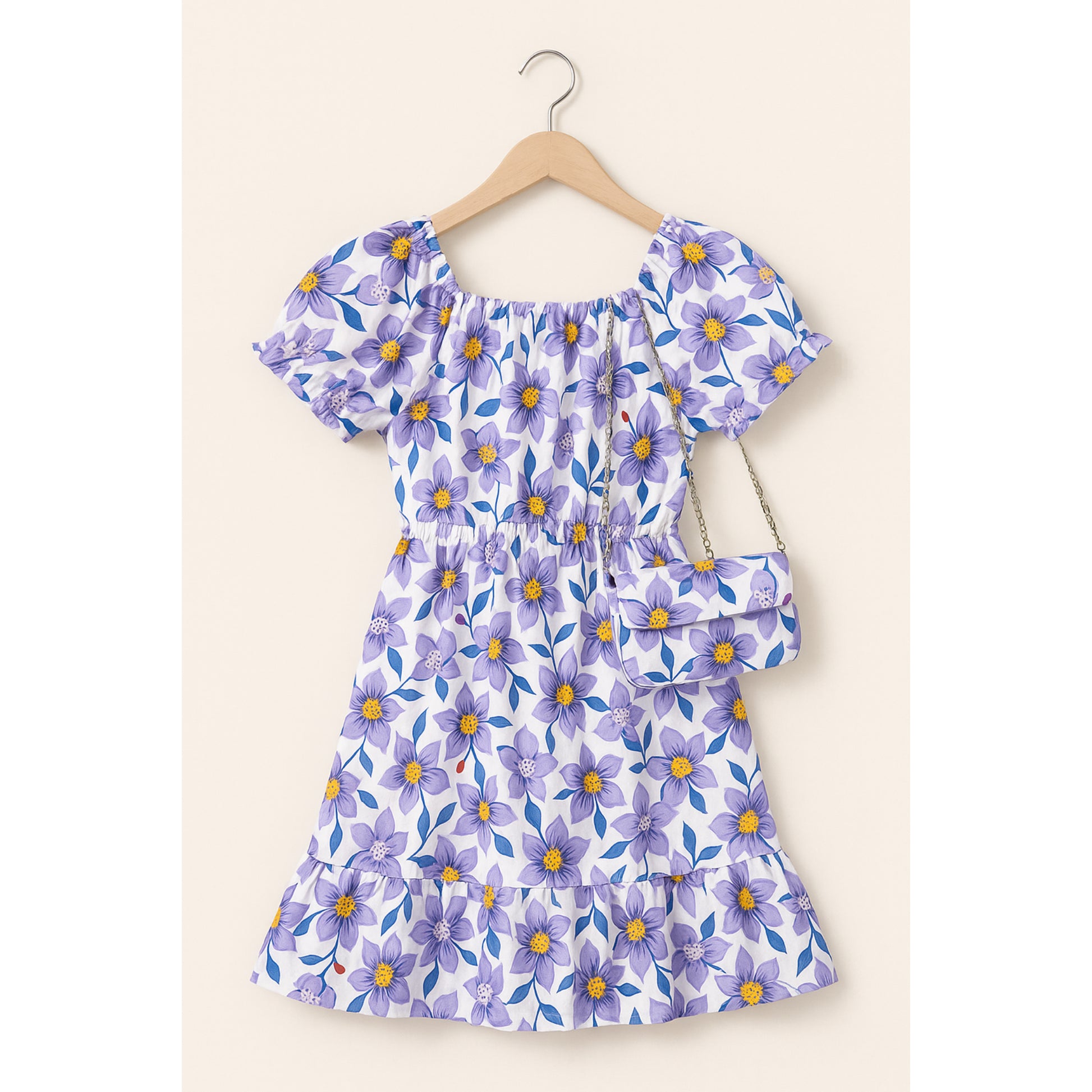 Meisjes zomerjurk met bloemenprint – lila jurk met bijpassend tasje