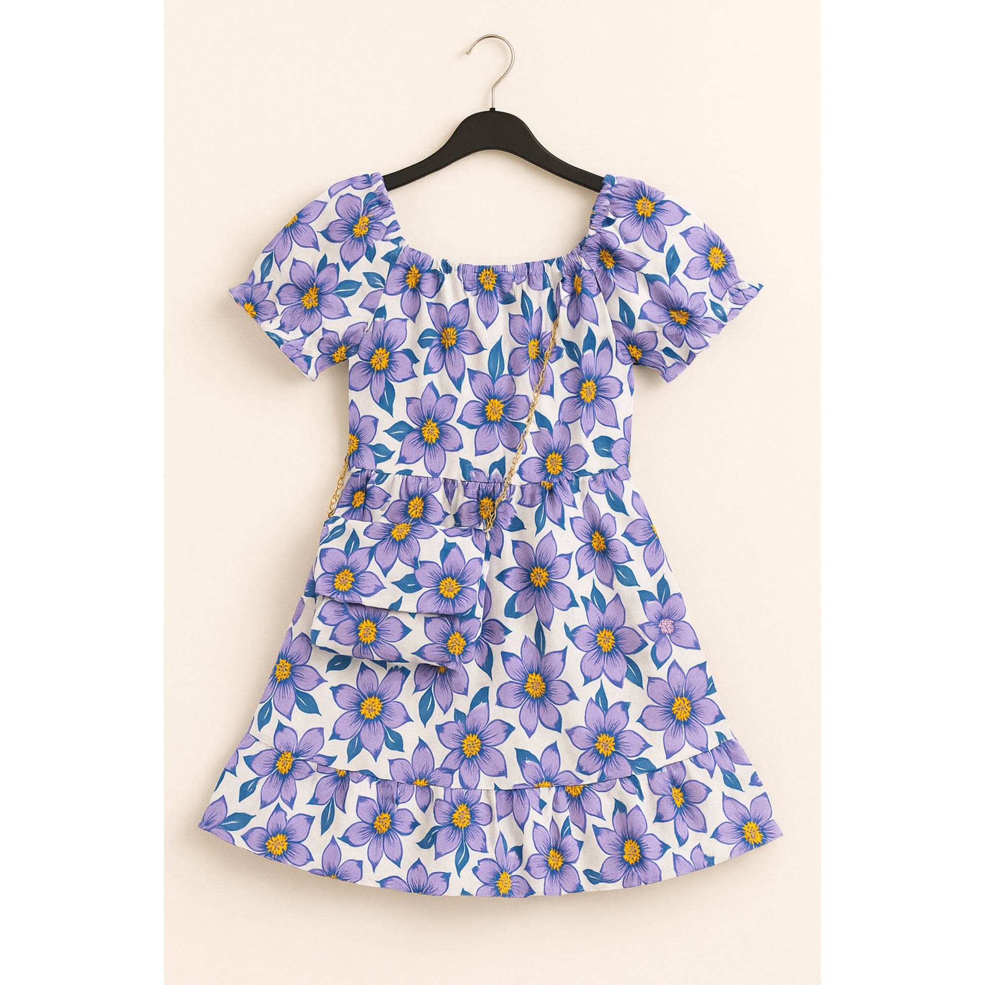 Meisjes zomerjurk met bloemenprint – lila jurk met bijpassend tasje