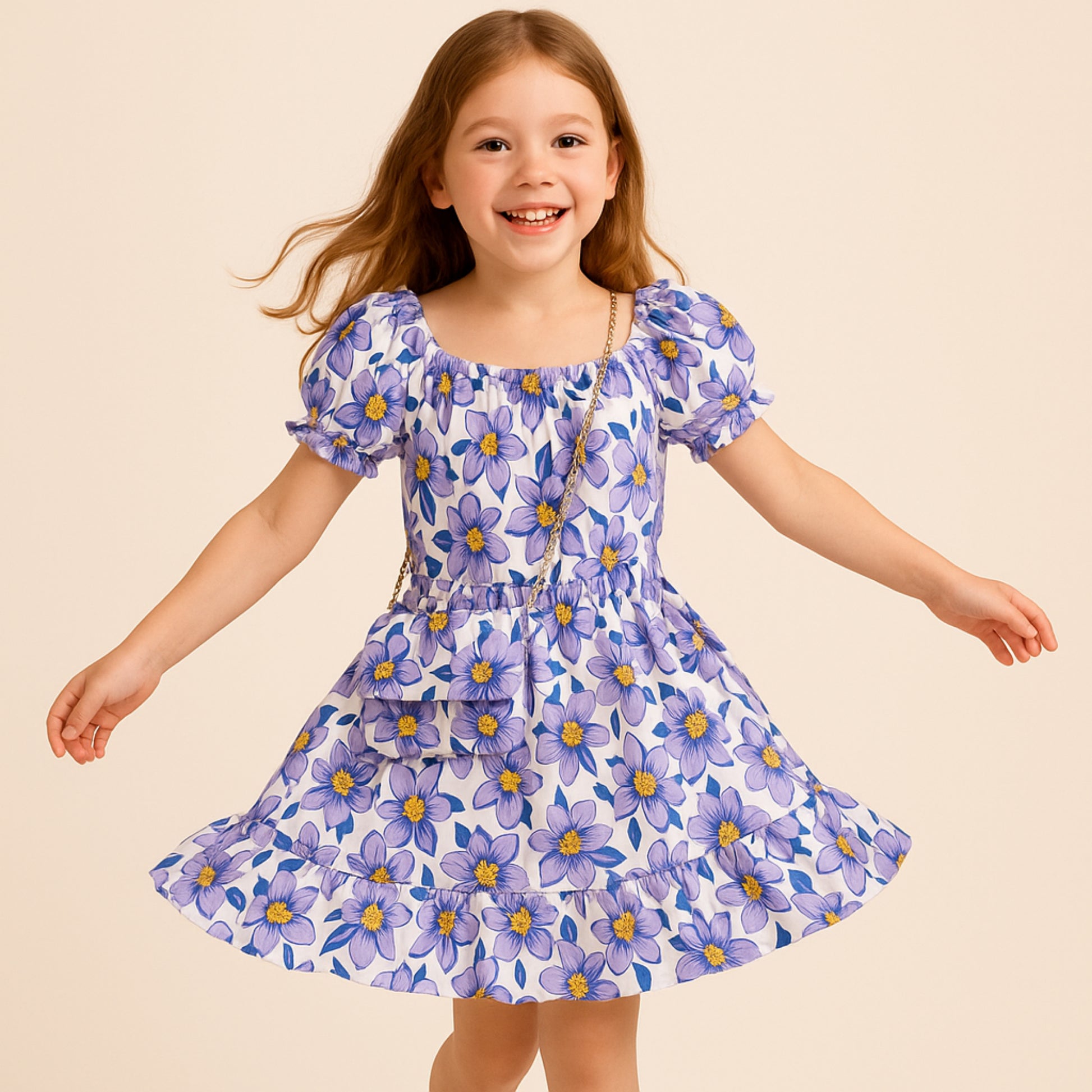 Meisjes zomerjurk met bloemenprint – lila jurk met bijpassend tasje