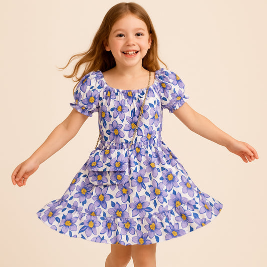 Meisjes zomerjurk met bloemenprint – lila jurk met bijpassend tasje