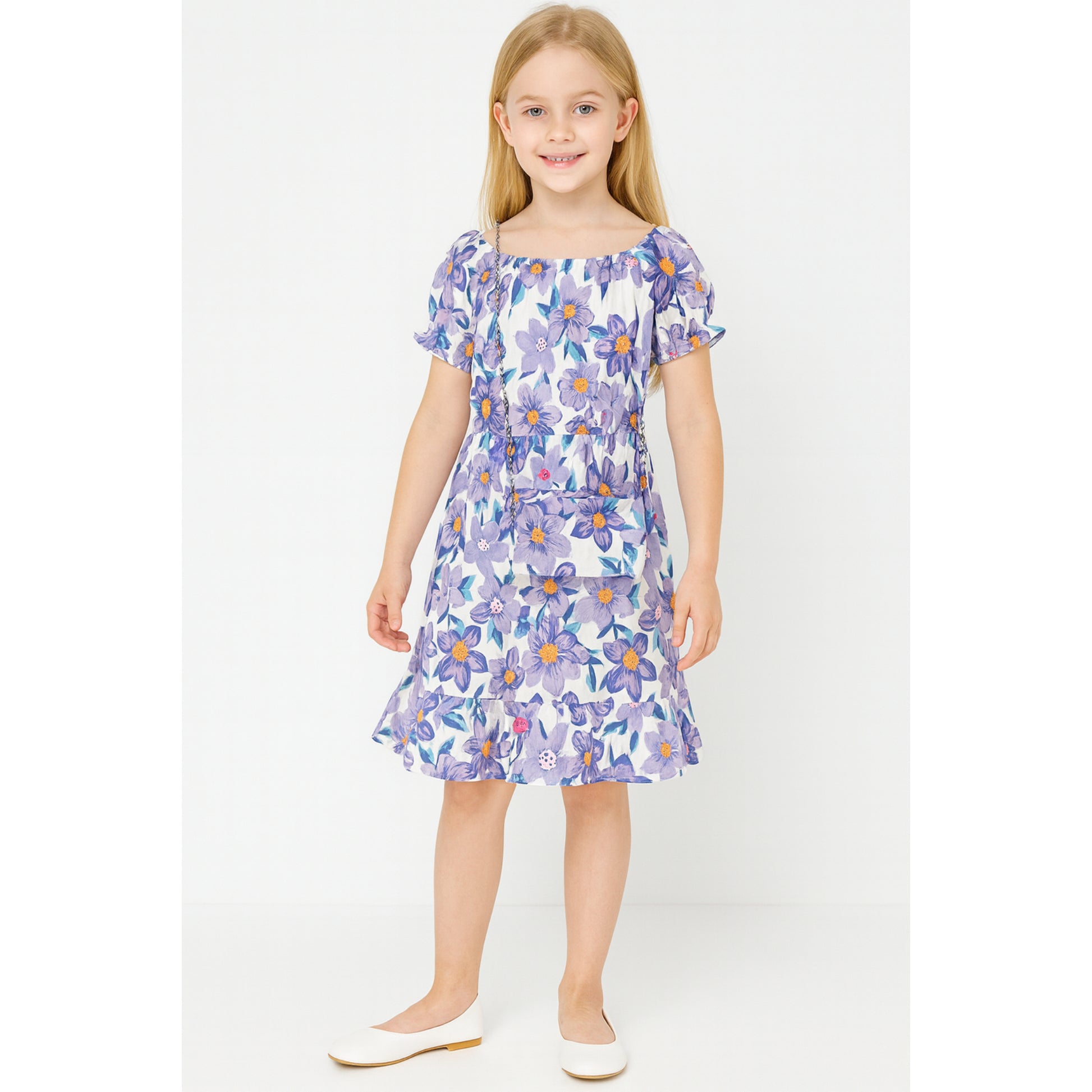 Meisjes zomerjurk met bloemenprint – lila jurk met bijpassend tasje
