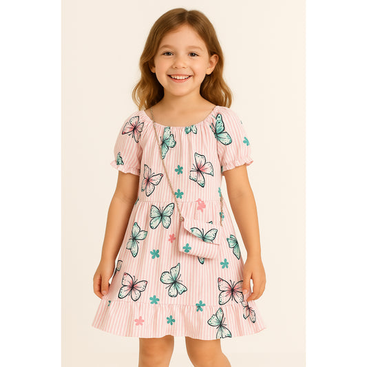 Meisjes jurk met vlinderprint – roze gestreepte zomerjurk met tasje