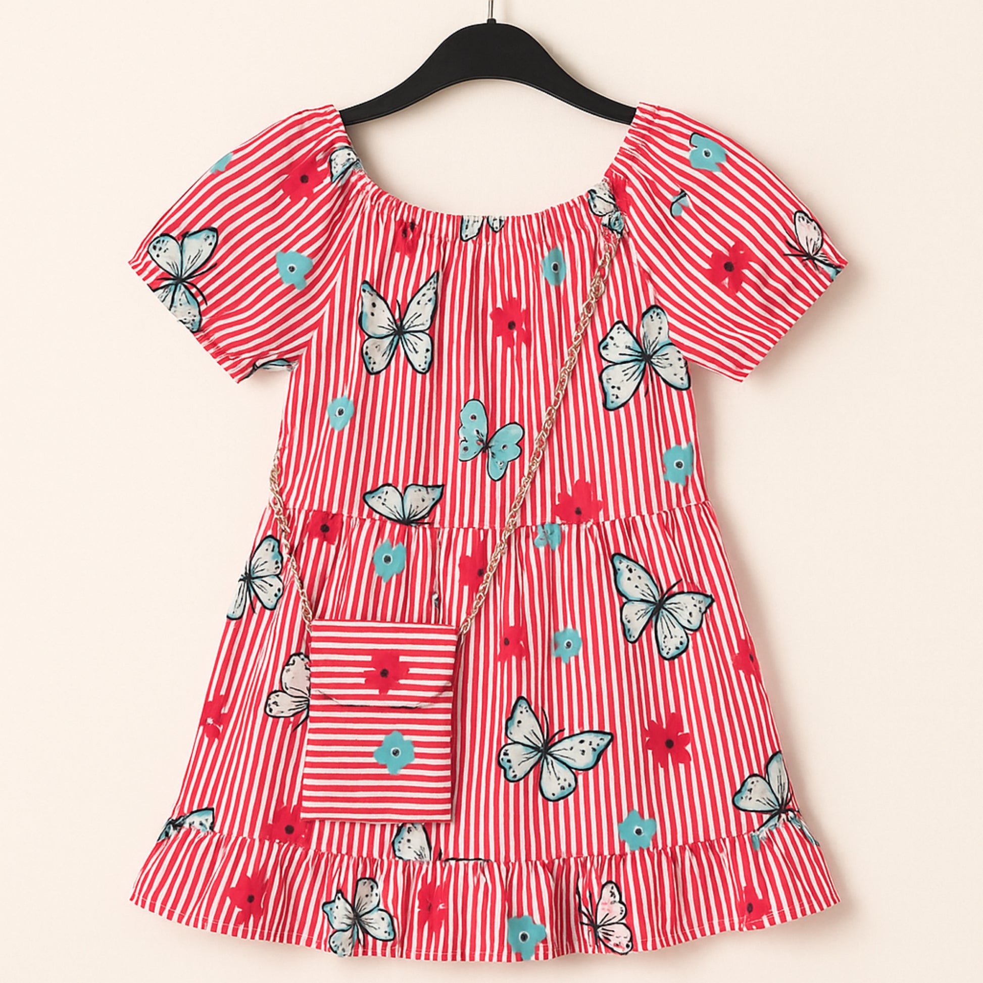 Meisjes zomerjurk met vlinderprint – rood-wit gestreept met tasje