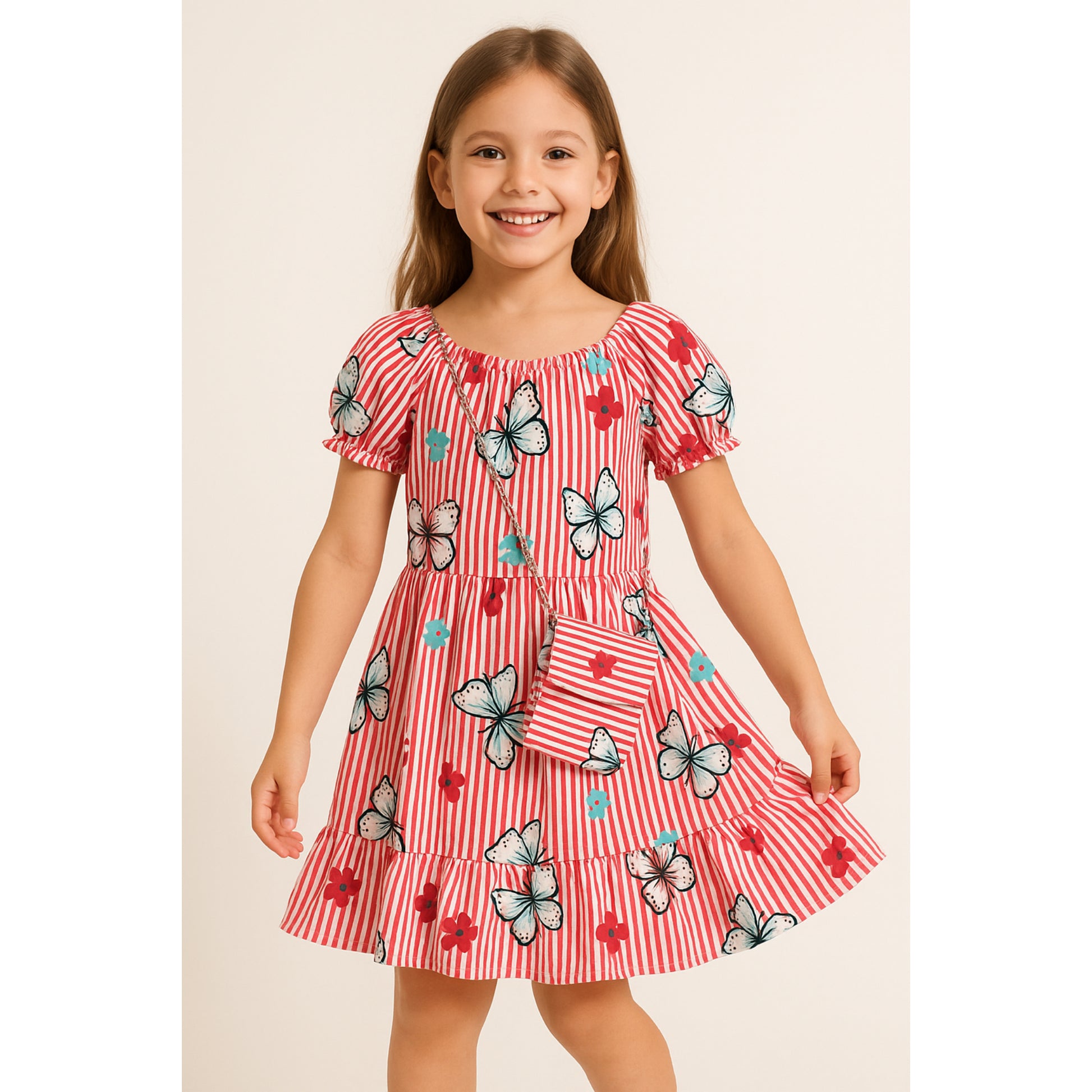 Meisjes zomerjurk met vlinderprint – rood-wit gestreept met tasje
