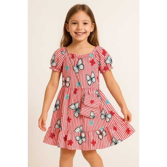 Meisjes zomerjurk met vlinderprint – rood-wit gestreept met tasje
