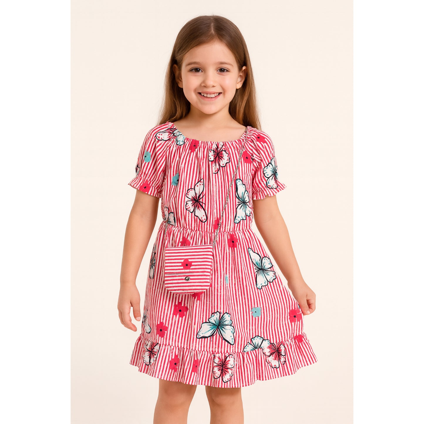 Meisjes zomerjurk met vlinderprint – rood-wit gestreept met tasje