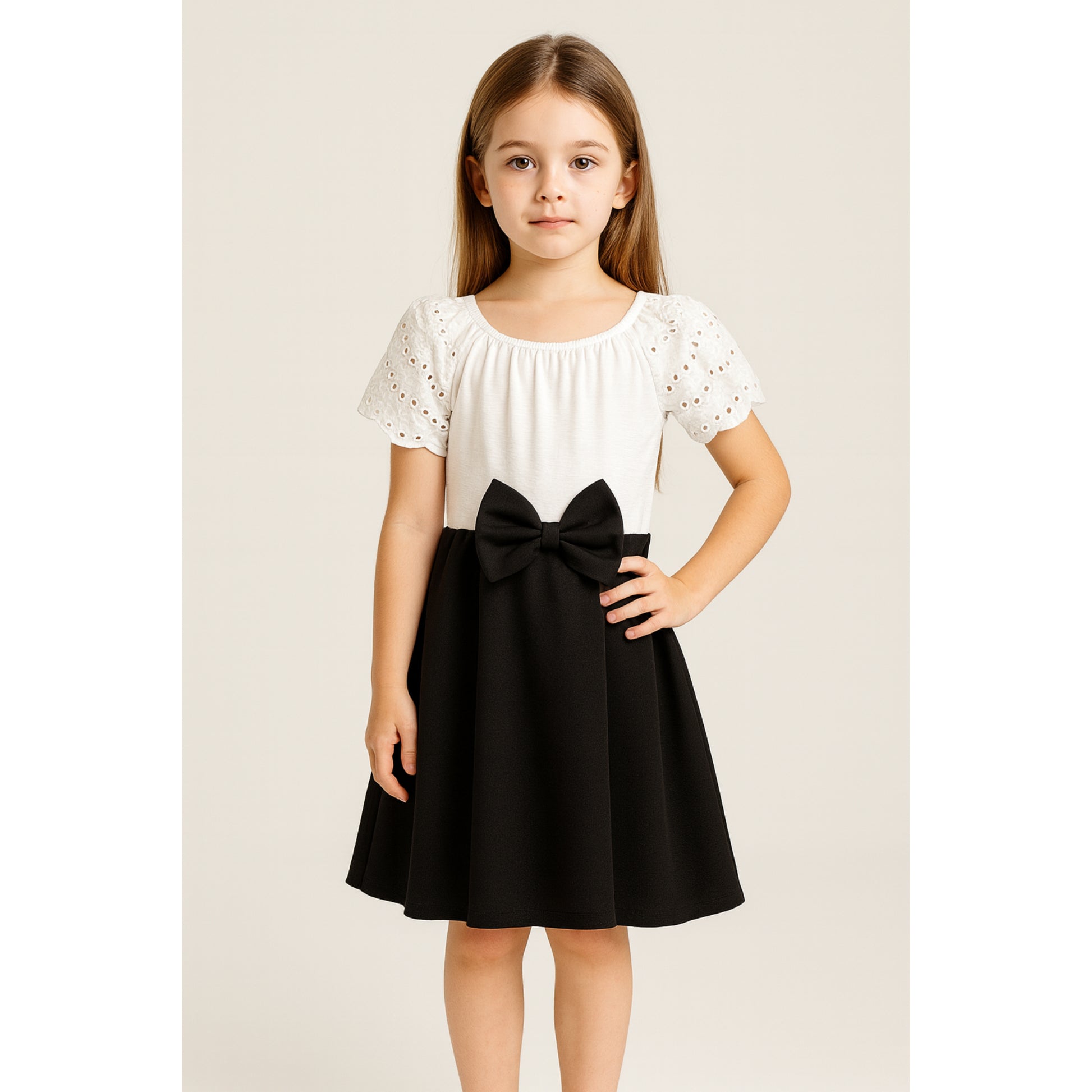Meisjes jurk met strik – wit top en zwarte rok met strikdetail