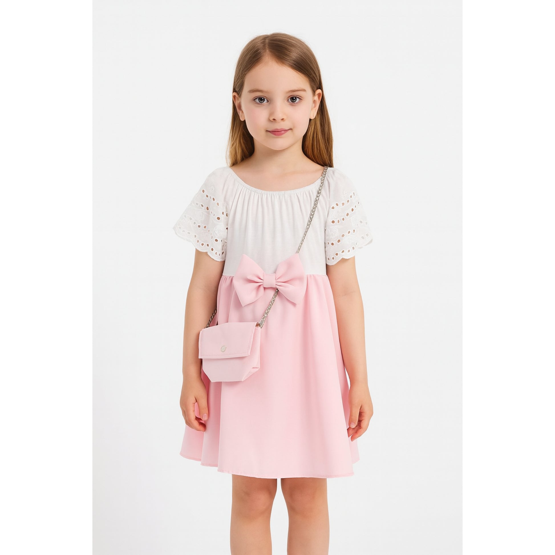 Meisjes jurk met strik – wit top met kanten mouwen en roze rok