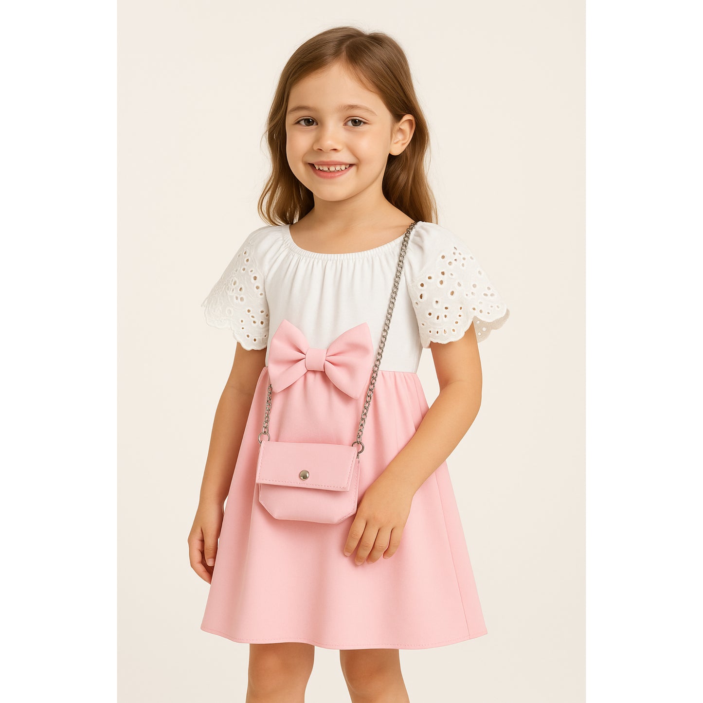 Meisjes jurk met strik – wit top met kanten mouwen en roze rok