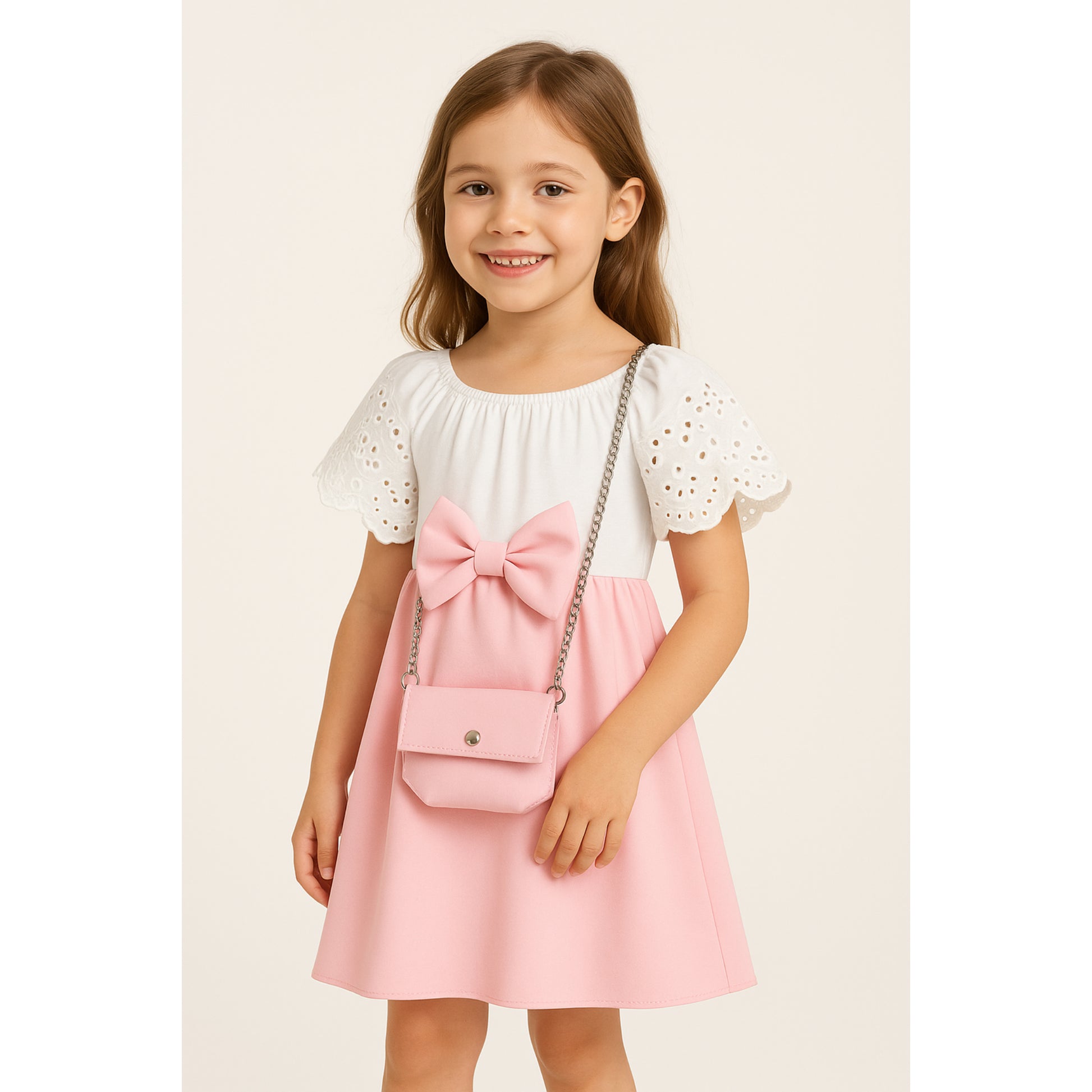 Meisjes jurk met strik – wit top met kanten mouwen en roze rok