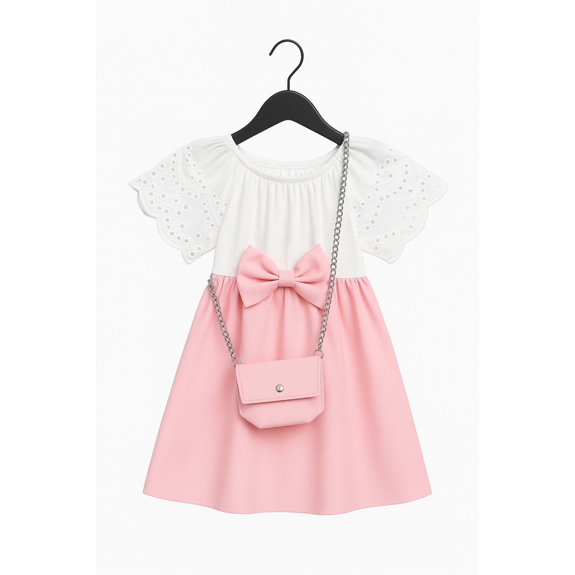 Meisjes jurk met strik – wit top met kanten mouwen en roze rok