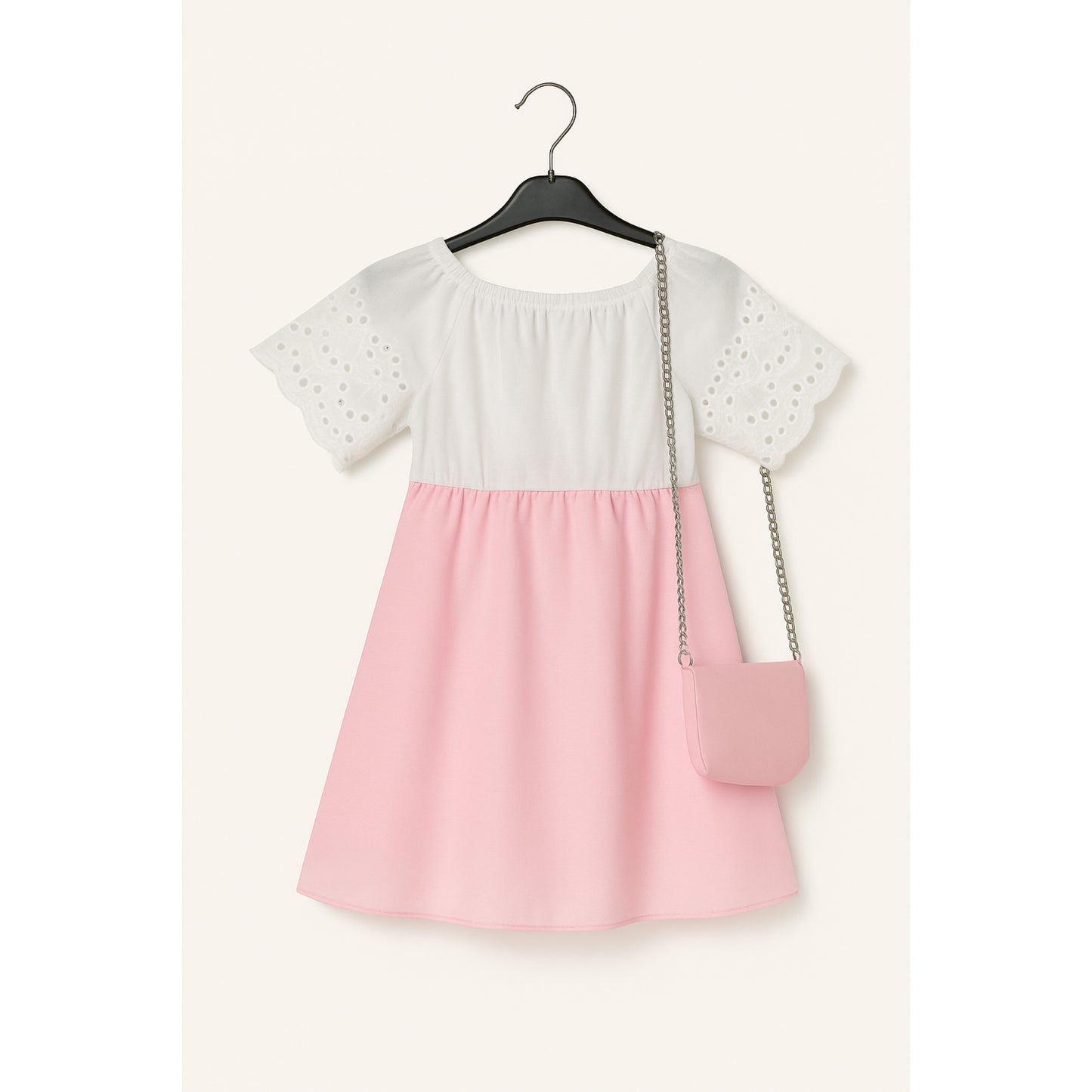 Meisjes jurk met strik – wit top met kanten mouwen en roze rok