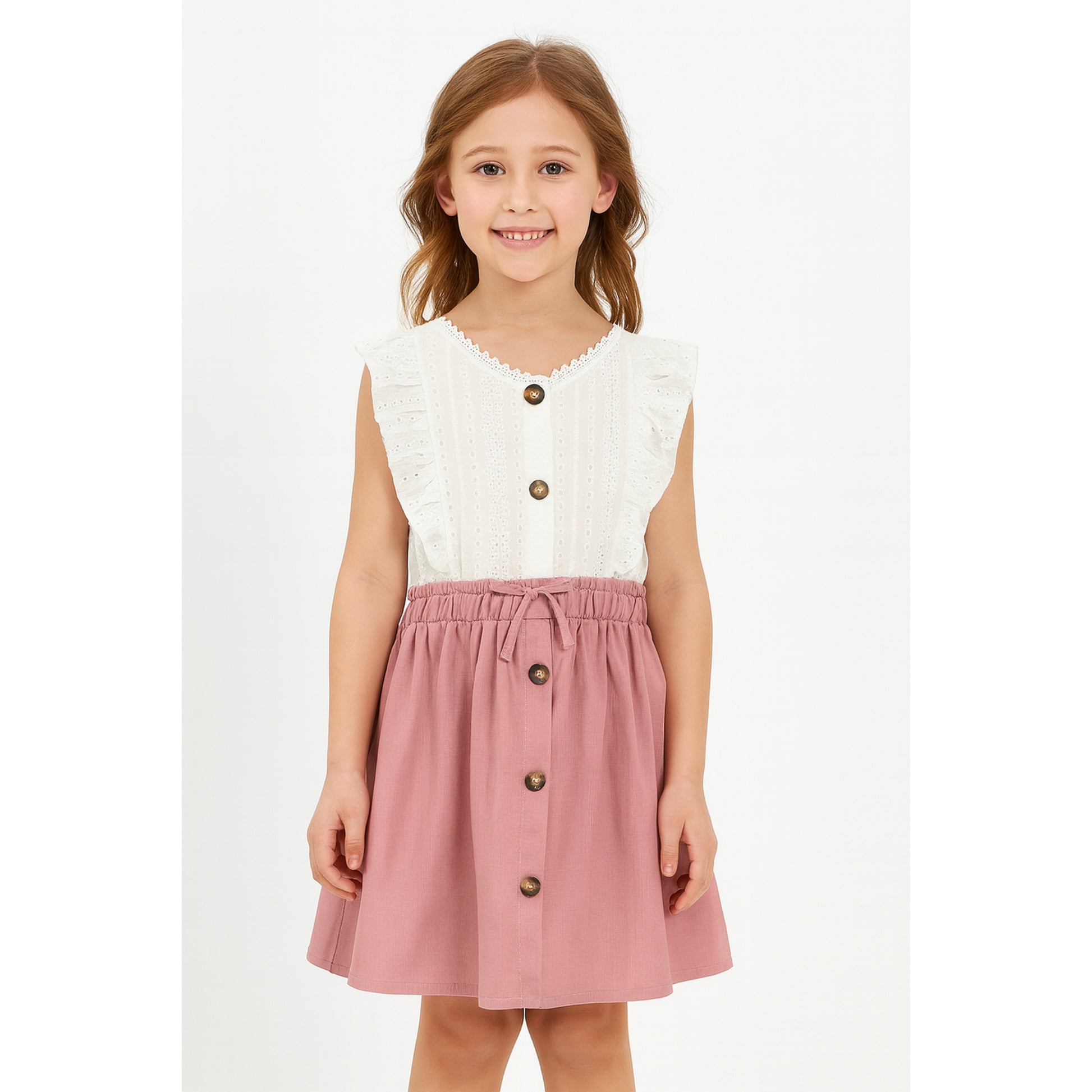 Meisjes jurk met witte top en roze knooprok – mouwloos met volantdetails