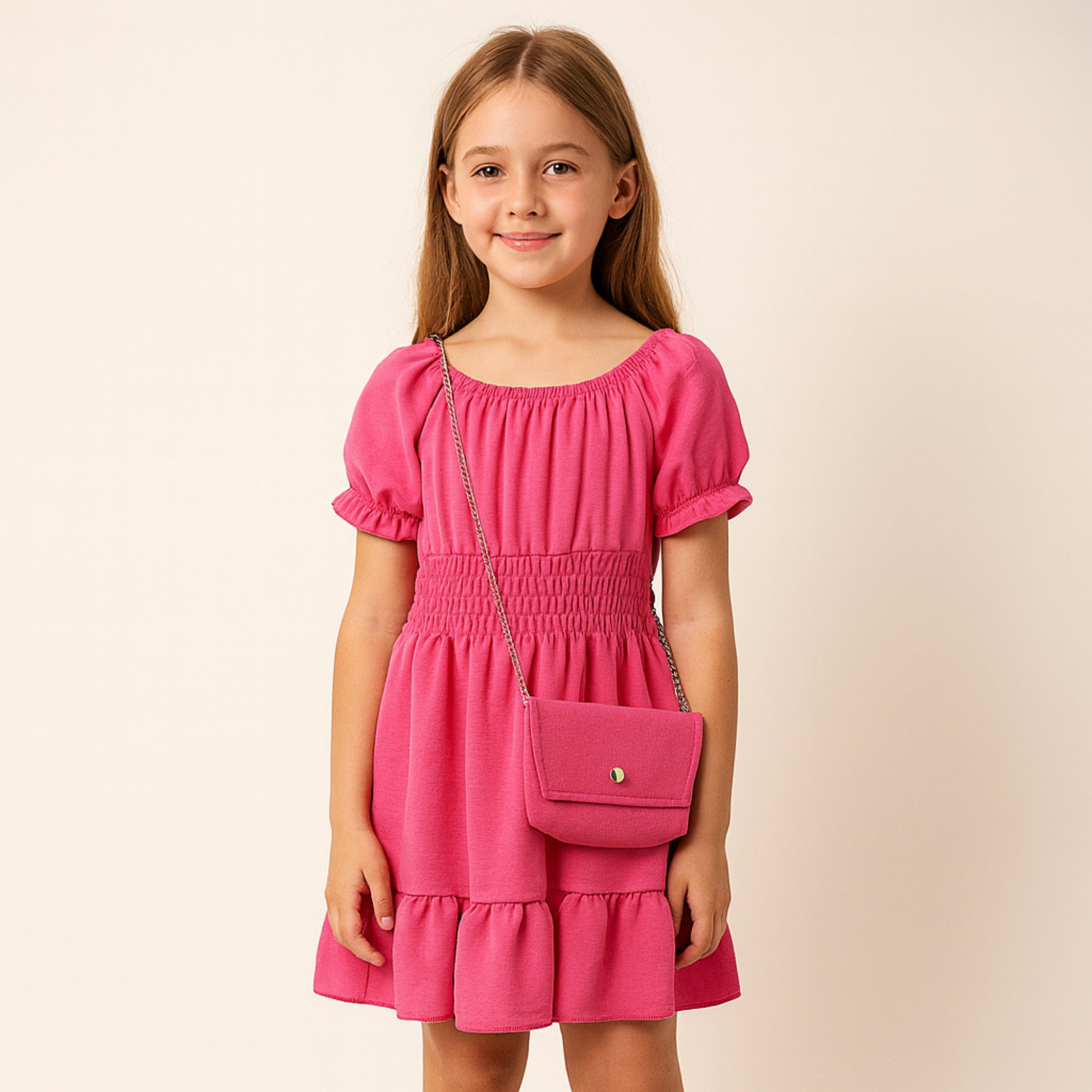 Meisjes jurk fuchsia roze met elastische taille – inclusief schoudertasje