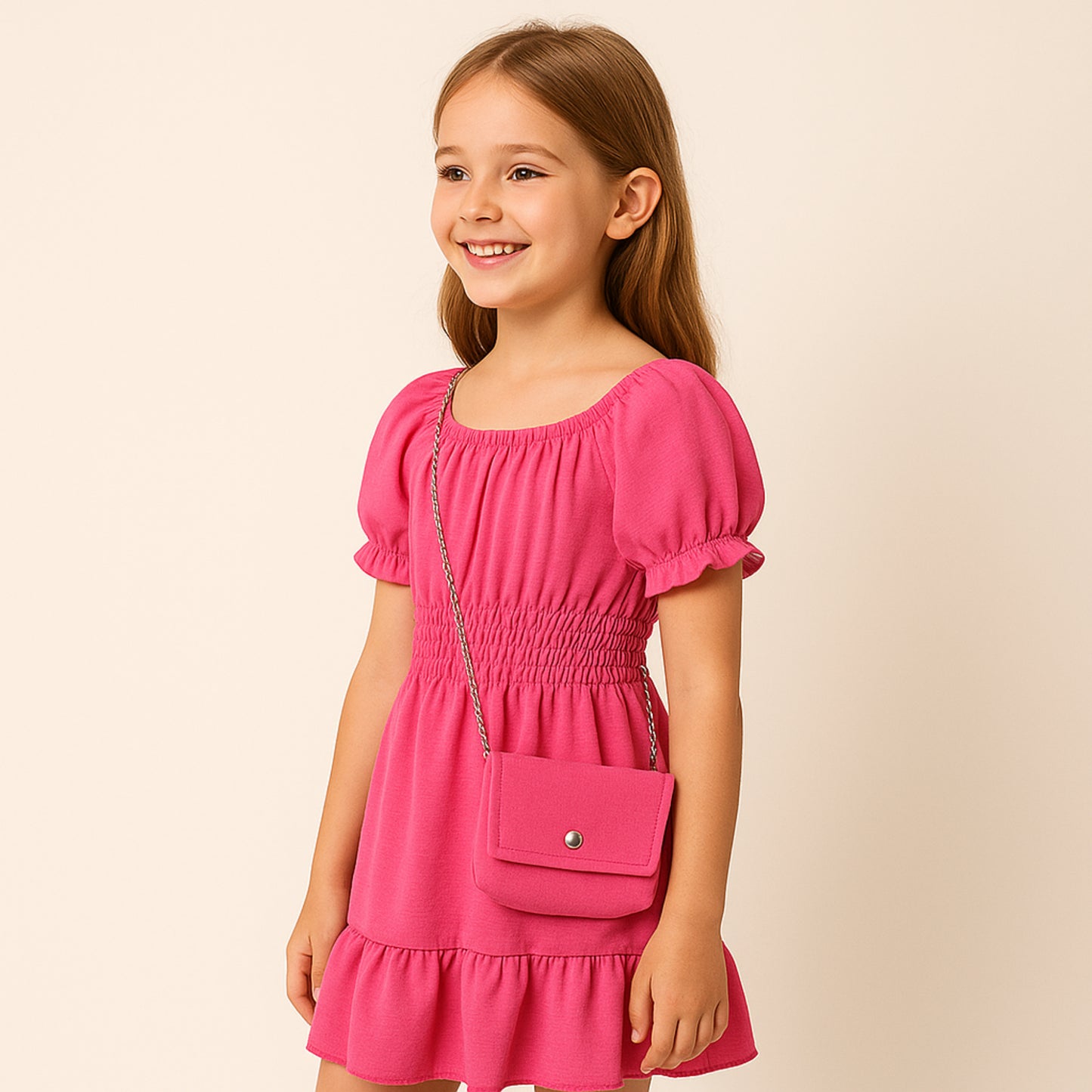 Meisjes jurk fuchsia roze met elastische taille – inclusief schoudertasje