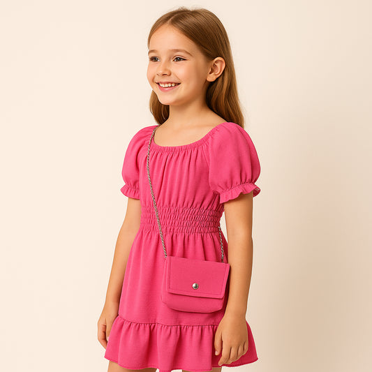 Meisjes jurk fuchsia roze met elastische taille – inclusief schoudertasje