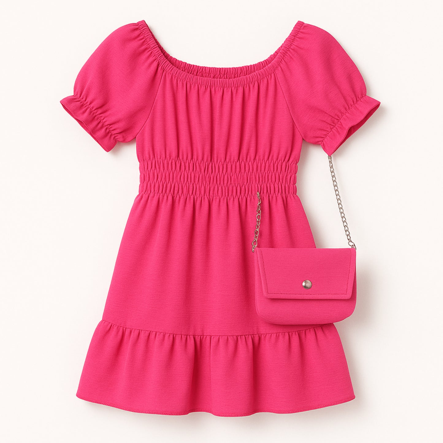 Meisjes jurk fuchsia roze met elastische taille – inclusief schoudertasje