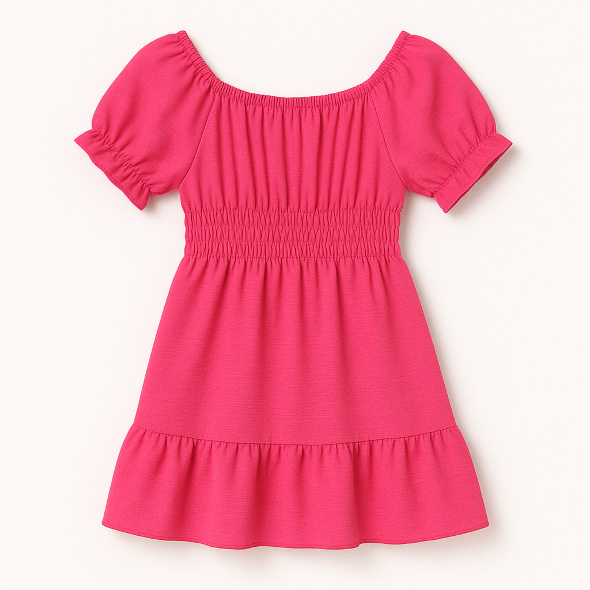 Meisjes jurk fuchsia roze met elastische taille – inclusief schoudertasje