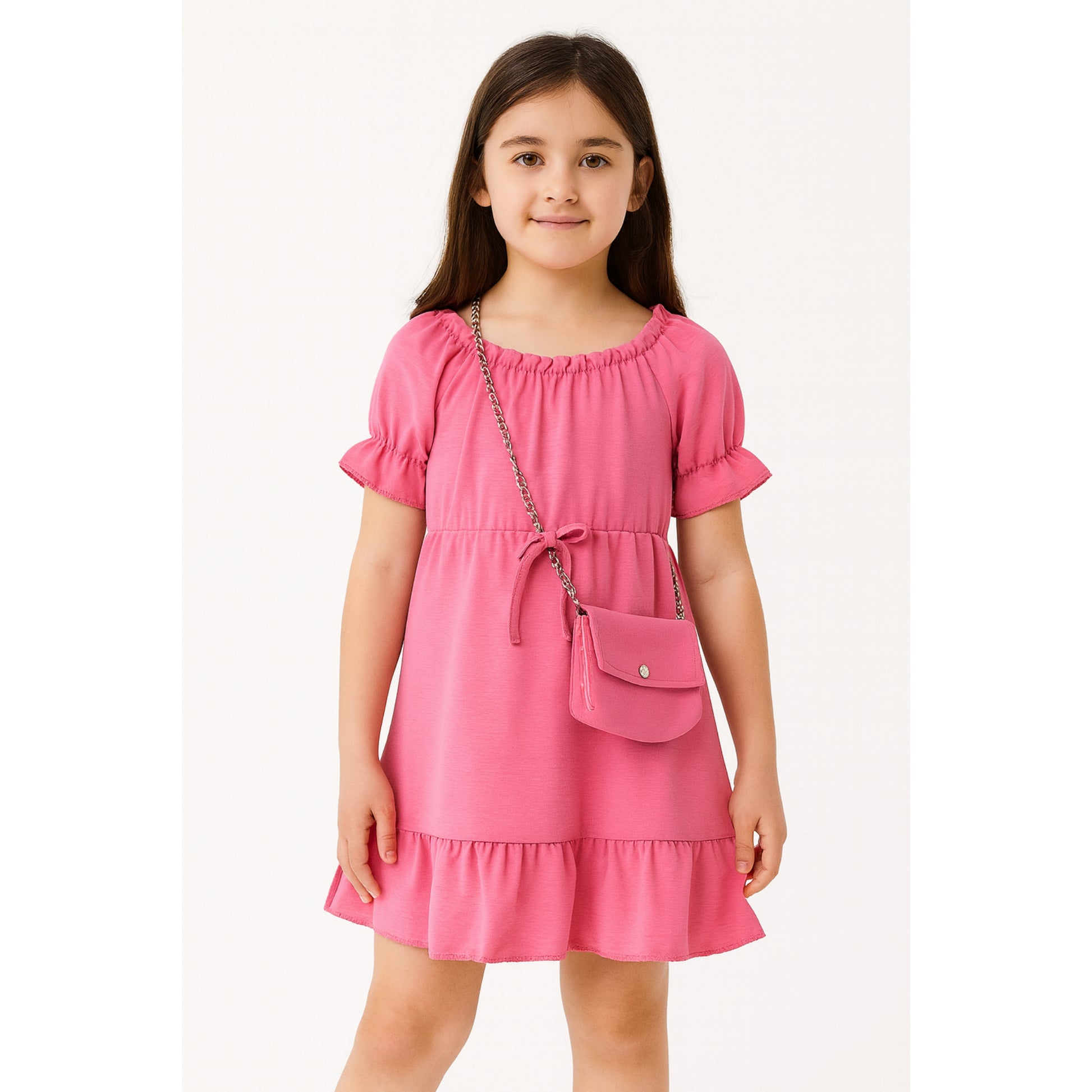 Meisjesjurk roze met schoudertasje – korte mouw en elastische taille