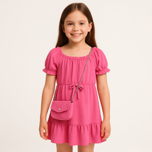 Meisjesjurk roze met schoudertasje – korte mouw en elastische taille