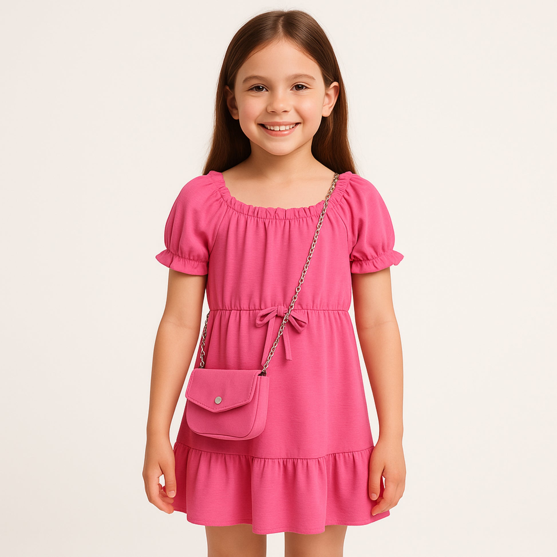 Meisjesjurk roze met schoudertasje – korte mouw en elastische taille