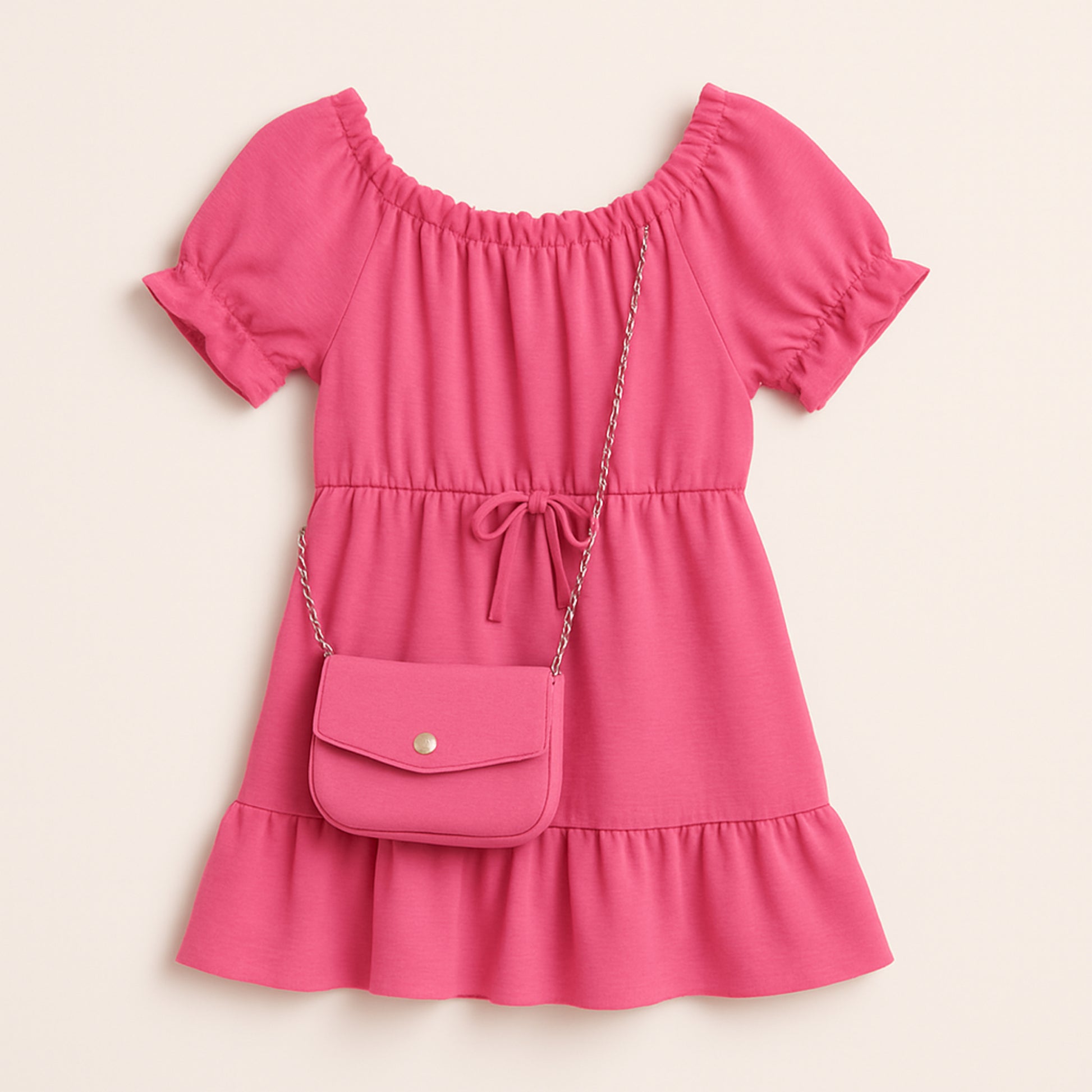 Meisjesjurk roze met schoudertasje – korte mouw en elastische taille