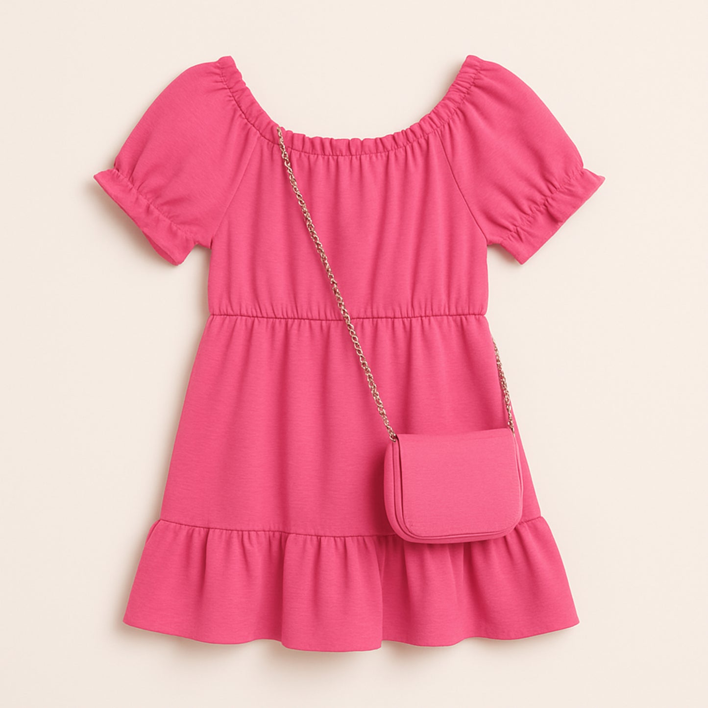 Meisjesjurk roze met schoudertasje – korte mouw en elastische taille