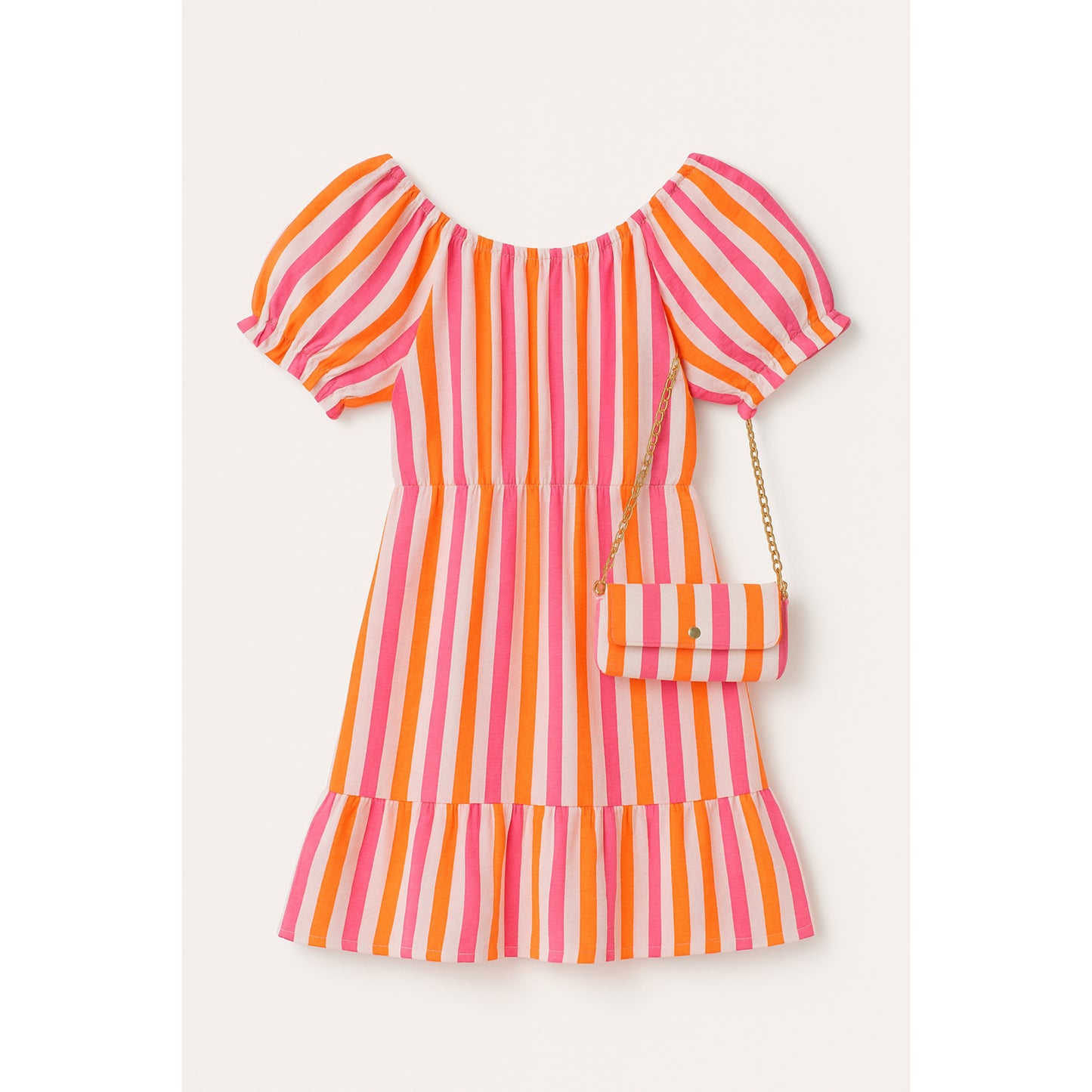 Meisjes jurk met strepen – roze en oranje zomerjurk met bijpassend tasje