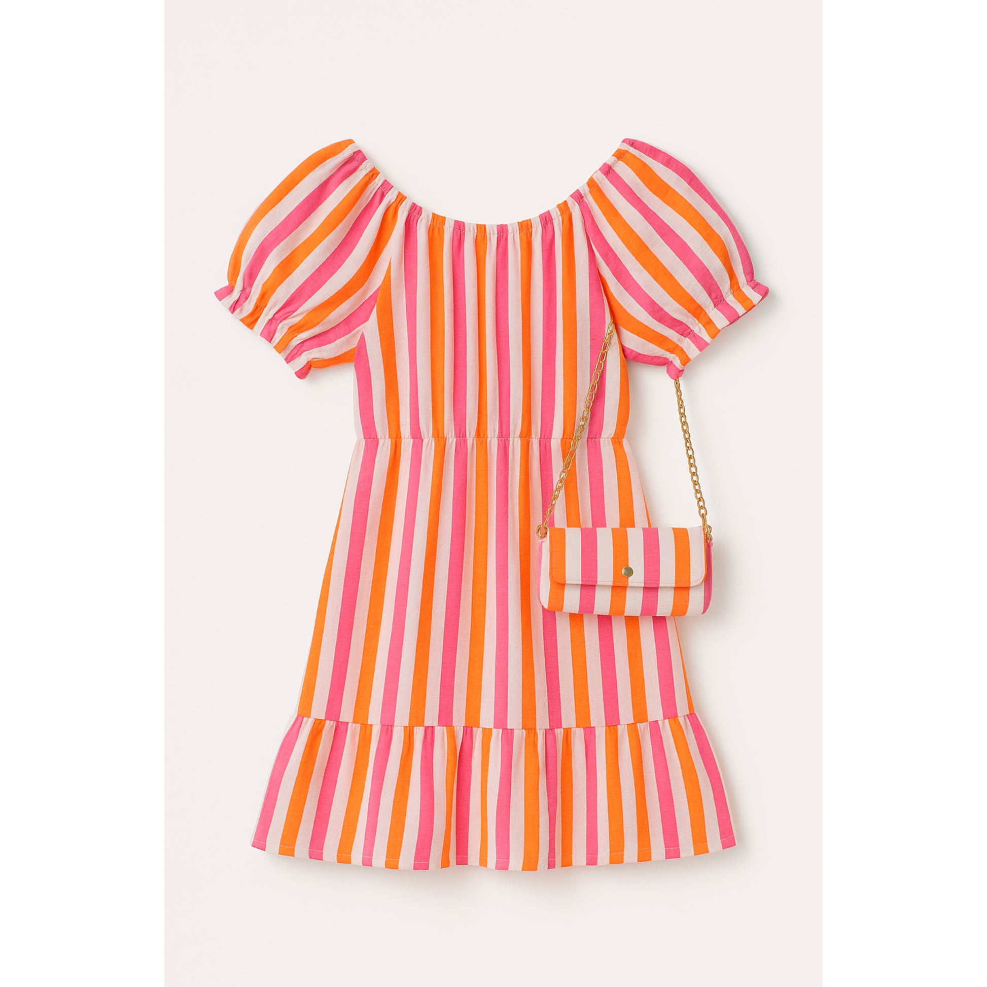 Meisjes jurk met strepen – roze en oranje zomerjurk met bijpassend tasje