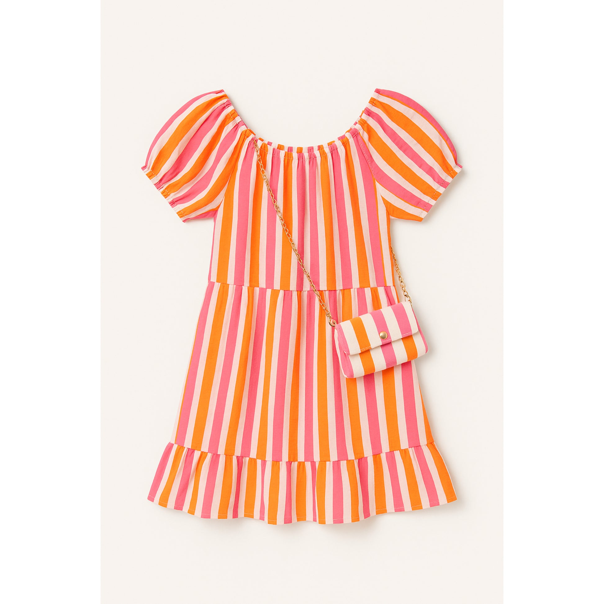 Meisjes jurk met strepen – roze en oranje zomerjurk met bijpassend tasje