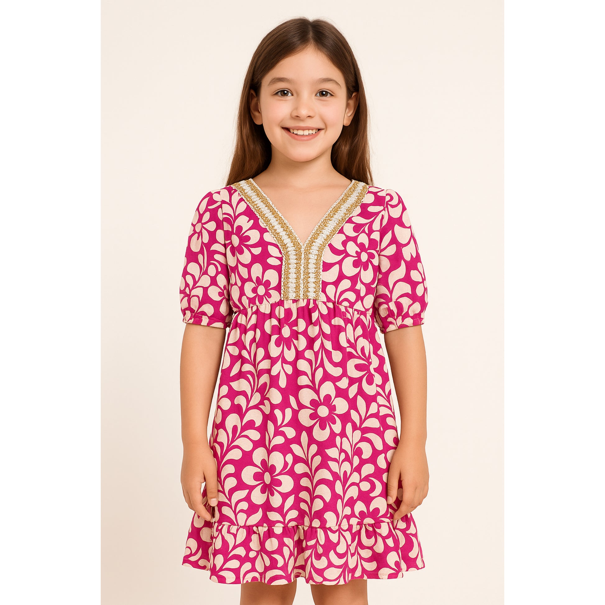 Meisjes jurk roze met bloemen – V-hals en gouden details