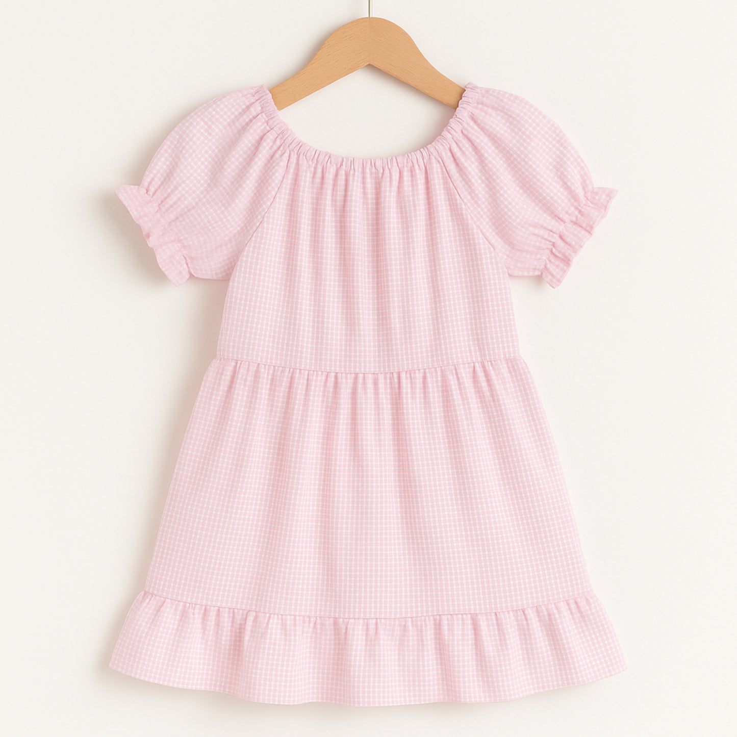 Meisjes jurk roze met knopen – schattig jurkje met ruitjes en tasje