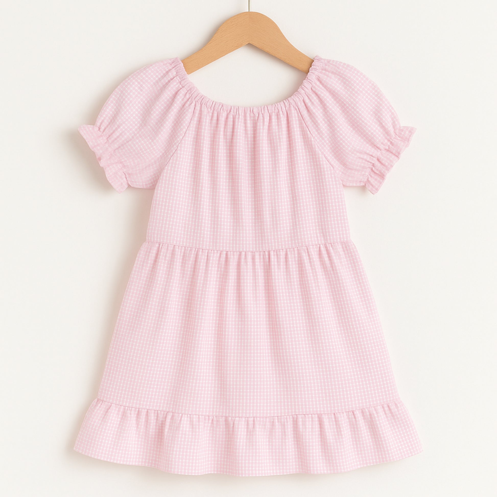 Meisjes jurk roze met knopen – schattig jurkje met ruitjes en tasje