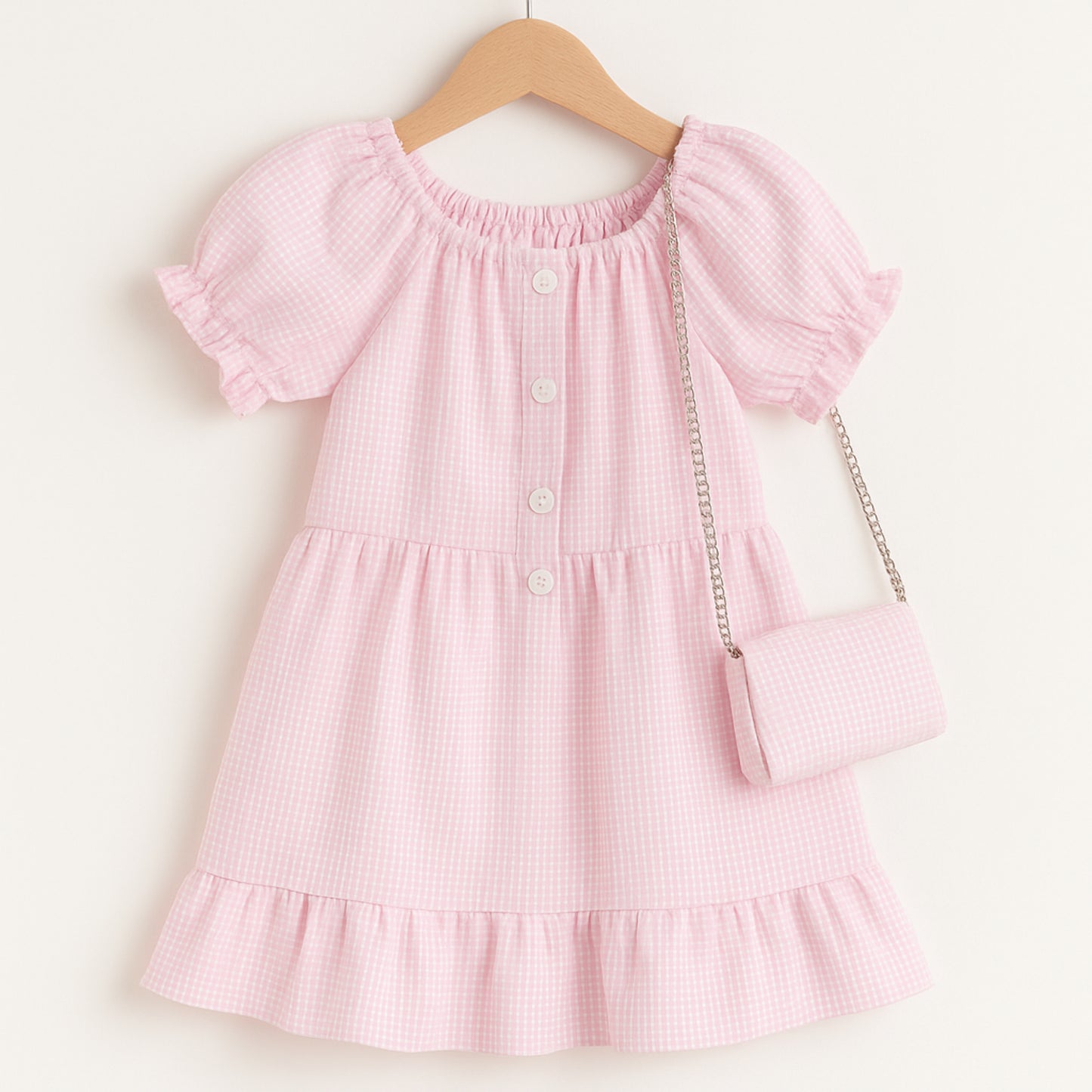 Meisjes jurk roze met knopen – schattig jurkje met ruitjes en tasje