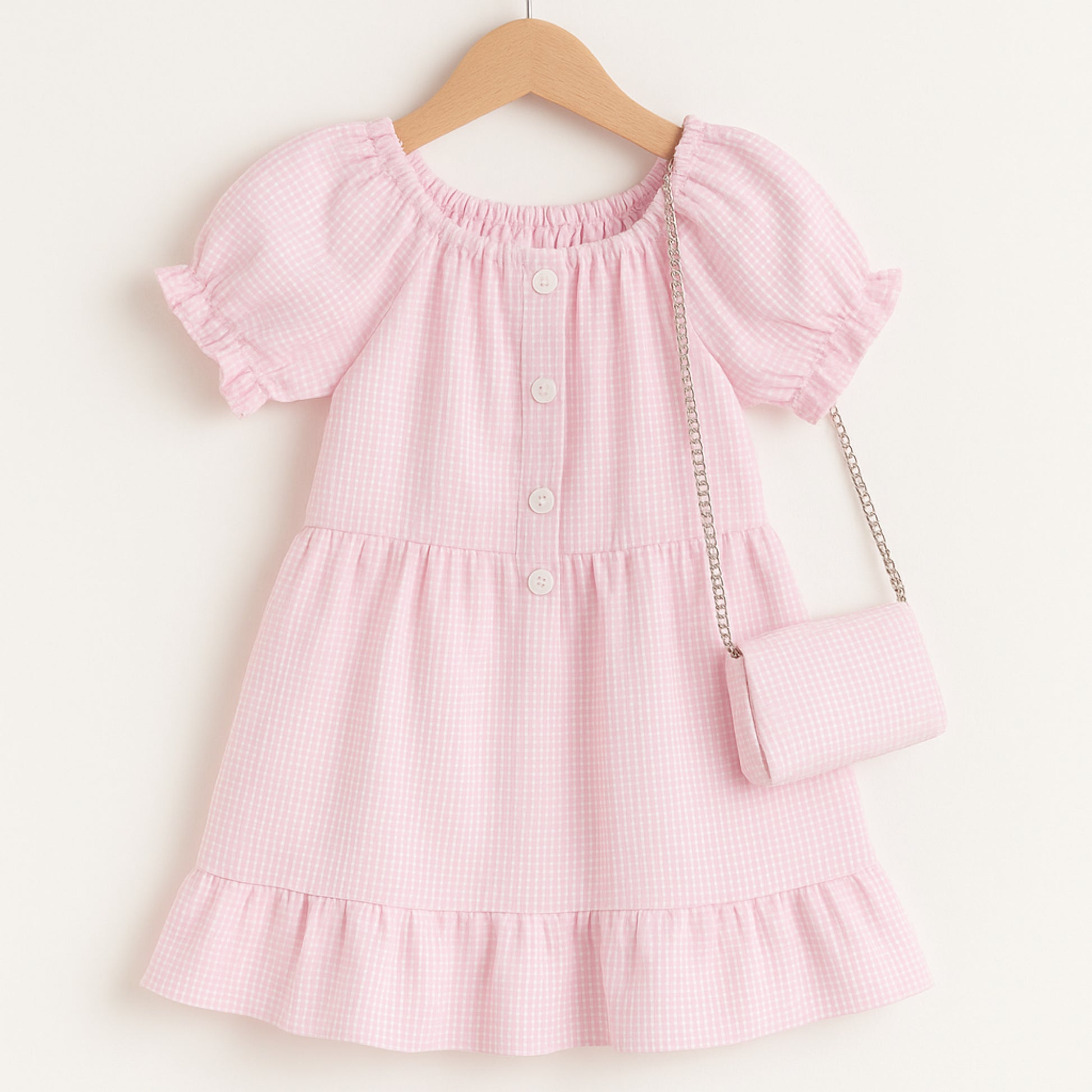 Meisjes jurk roze met knopen – schattig jurkje met ruitjes en tasje