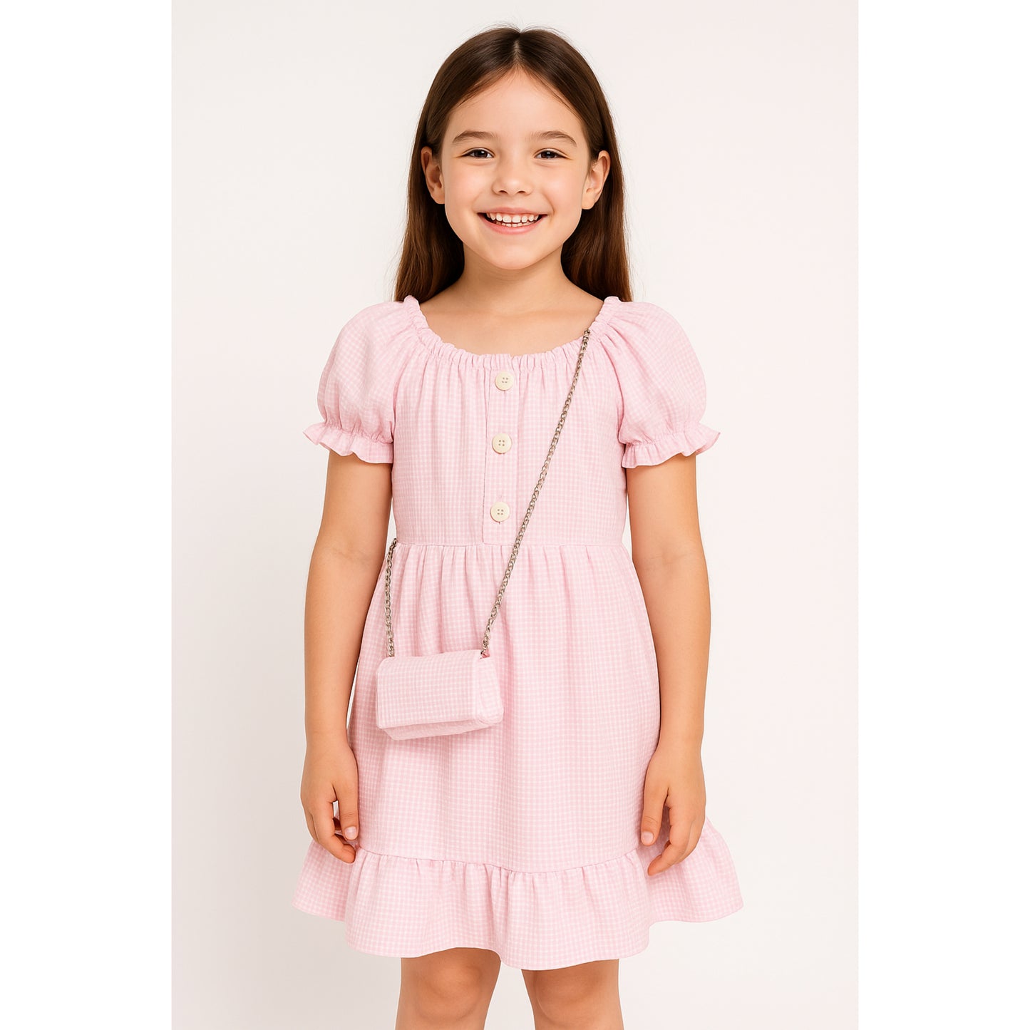 Meisjes jurk roze met knopen – schattig jurkje met ruitjes en tasje
