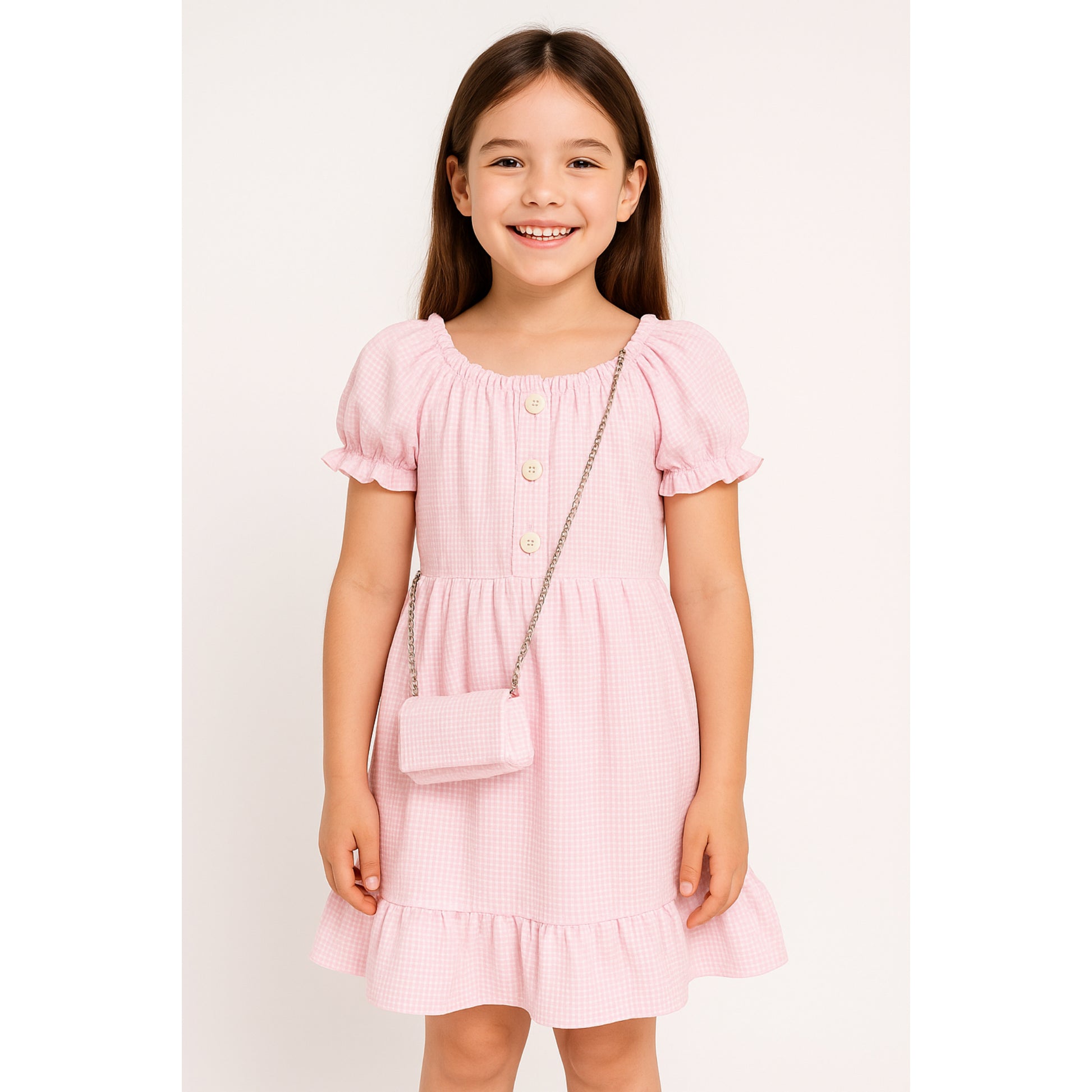 Meisjes jurk roze met knopen – schattig jurkje met ruitjes en tasje